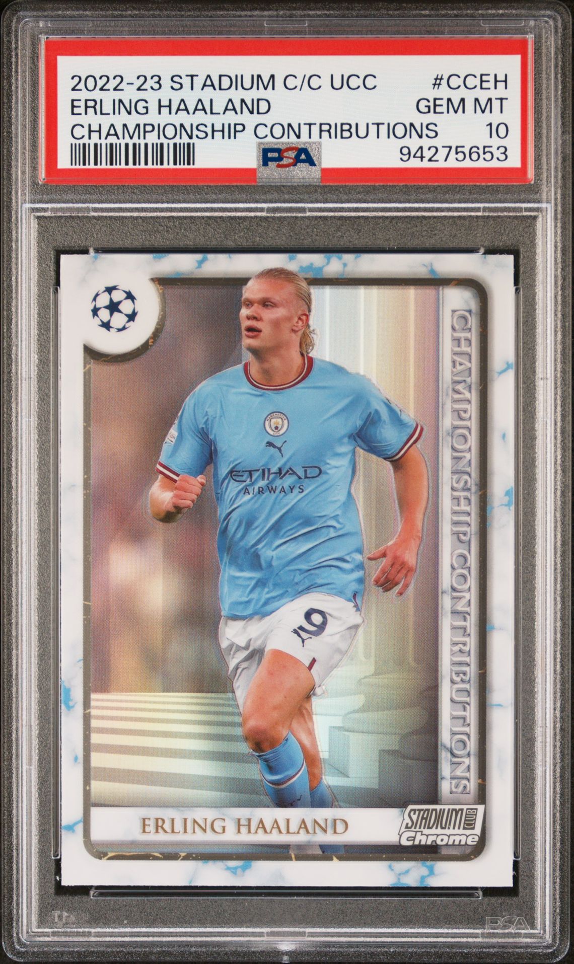 2022-23 Topps TOPPS STADIUM CLUB CHROME UEFA CLUB COMPETITIONS CHAMPIONSHIP CONTRIBUTIONS #CCEH Erling Haaland front