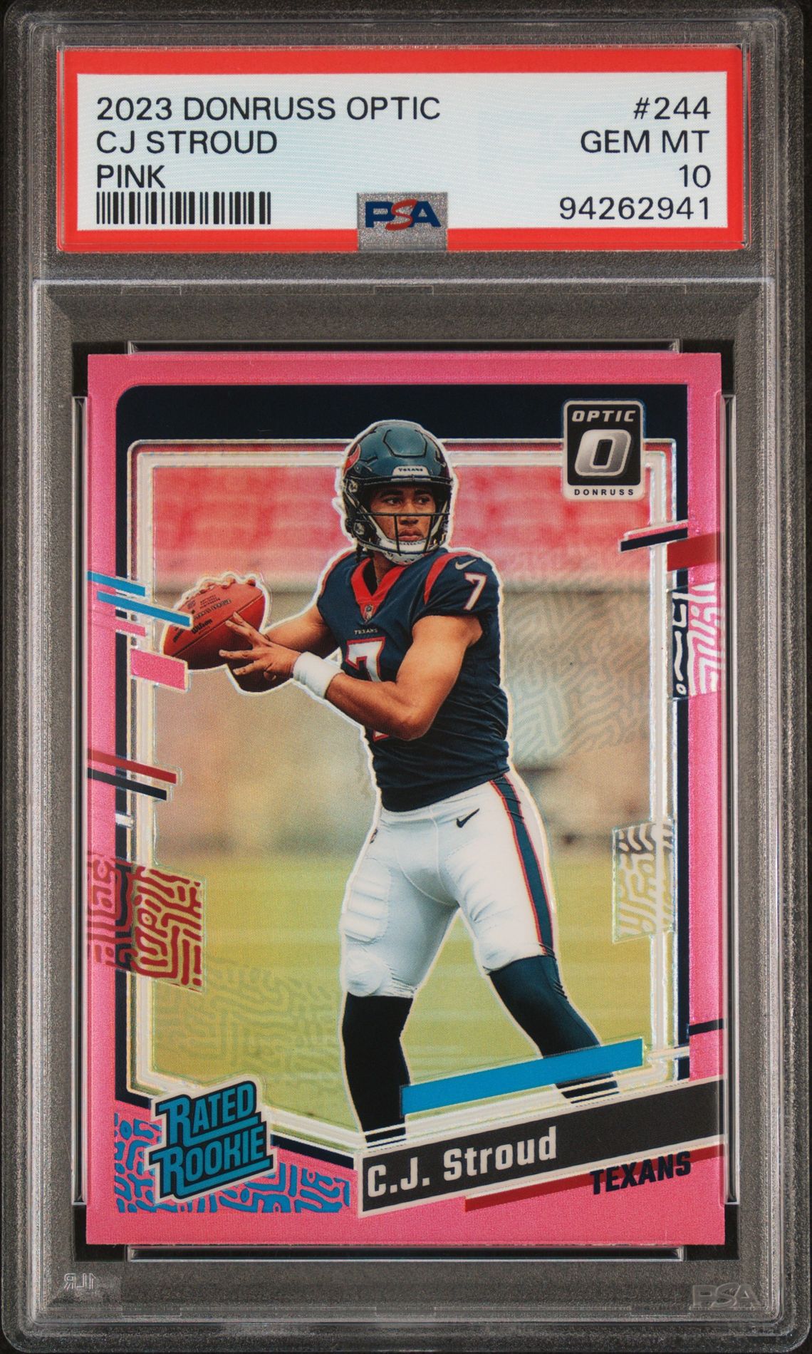 2023 Panini Donruss Optic Cj Stroud #244 (Pink) Gem Mt 10 front view - PSA graded GEM MT 10