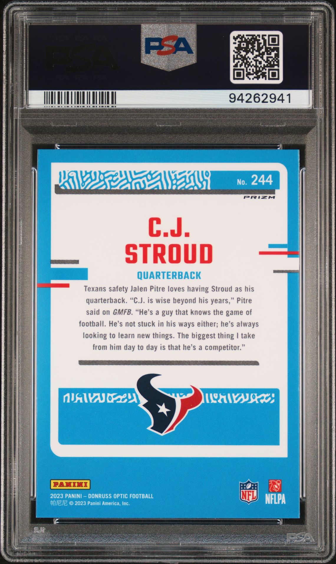 2023 Panini Donruss Optic Cj Stroud #244 (Pink) Gem Mt 10 back view - PSA certificate #94262941