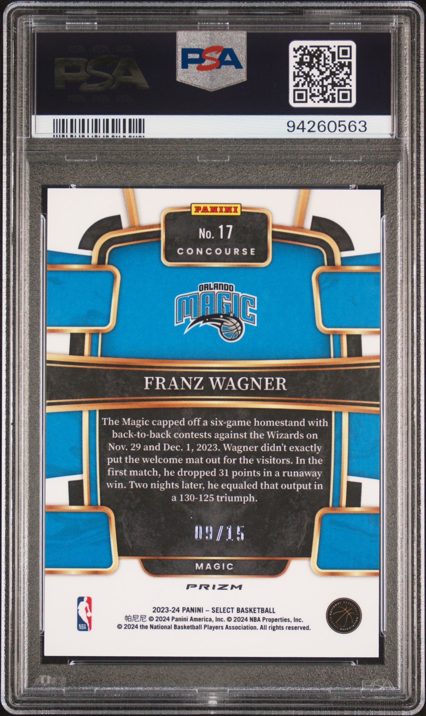 2023 Panini Select Franz Wagner #17 (Neon Orange Pulsar Fotl) Gem Mt 10 back