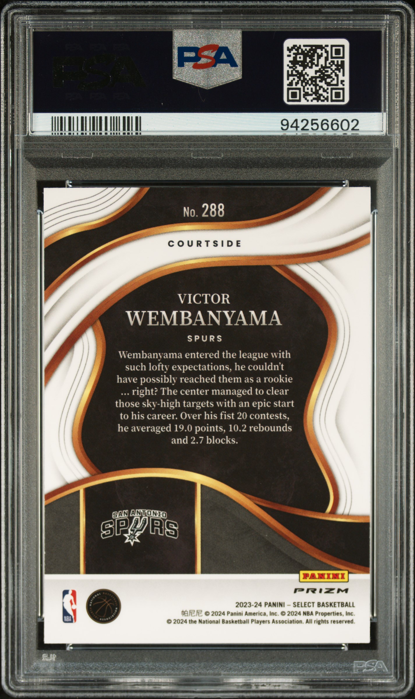 2023 Panini Select Victor Wembanyama #288 (Tectonic) Gem Mt 10 back