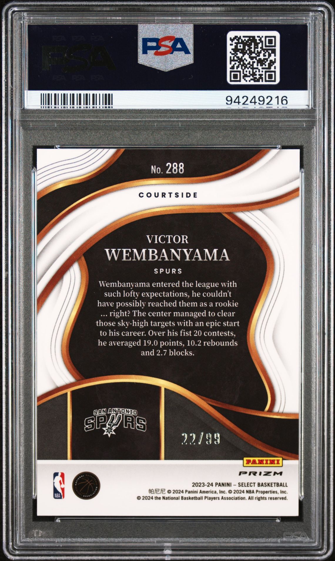 2023 Panini Select Victor Wembanyama #288 (Blue Flash) Gem Mt 10 back
