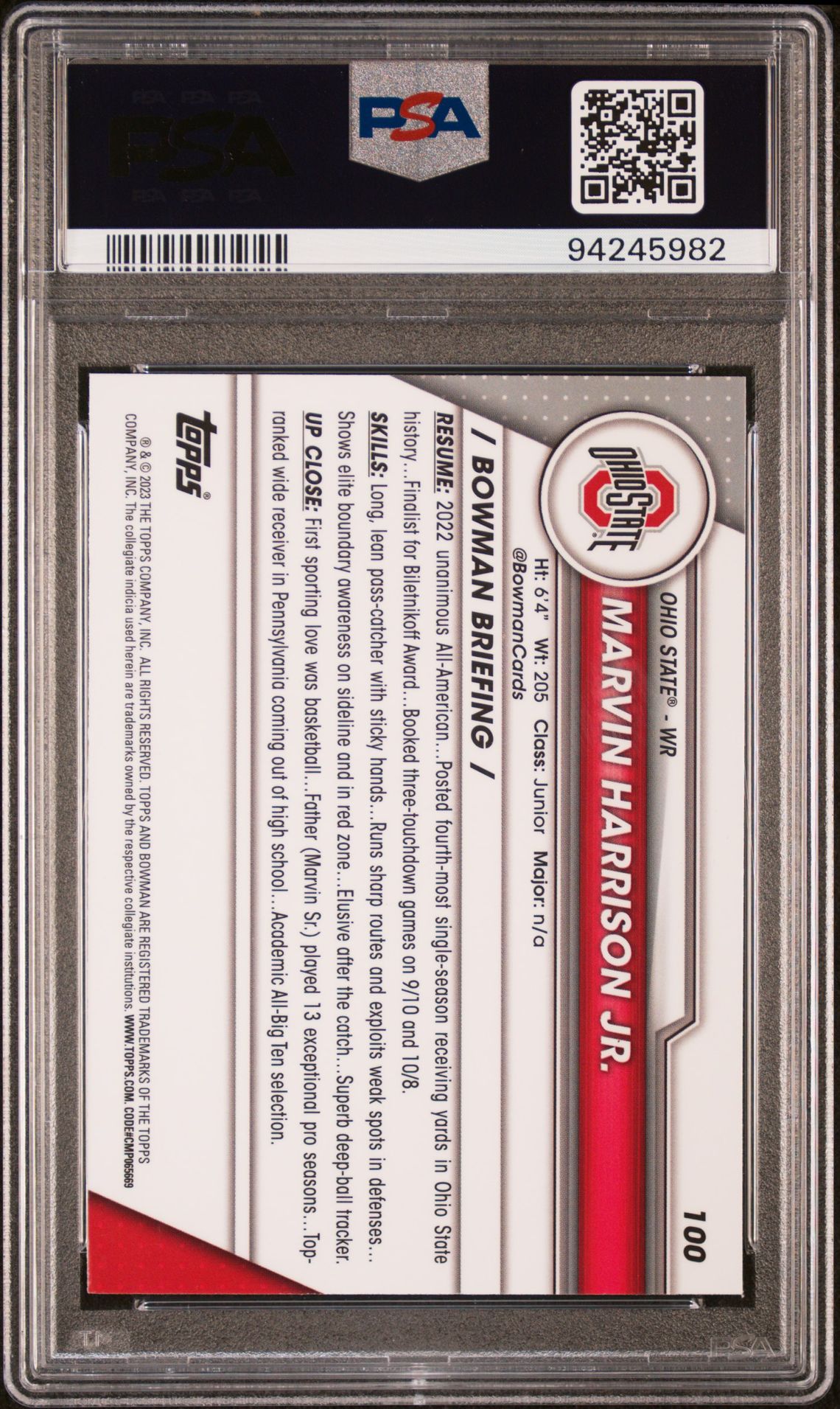 2023 Bowman University Chrome Marvin Harrison Jr. #100 Gem Mt 10 back view - PSA certificate #94245982