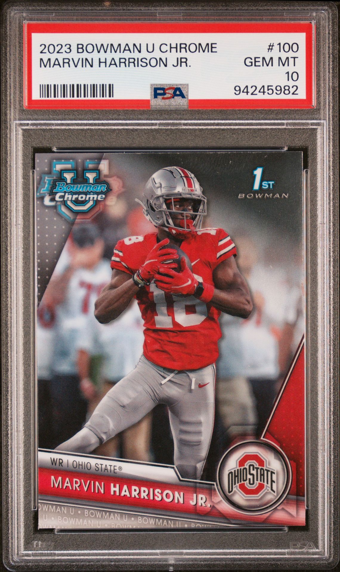 2023 Bowman University Chrome Marvin Harrison Jr. #100 Gem Mt 10 front view - PSA graded GEM MT 10