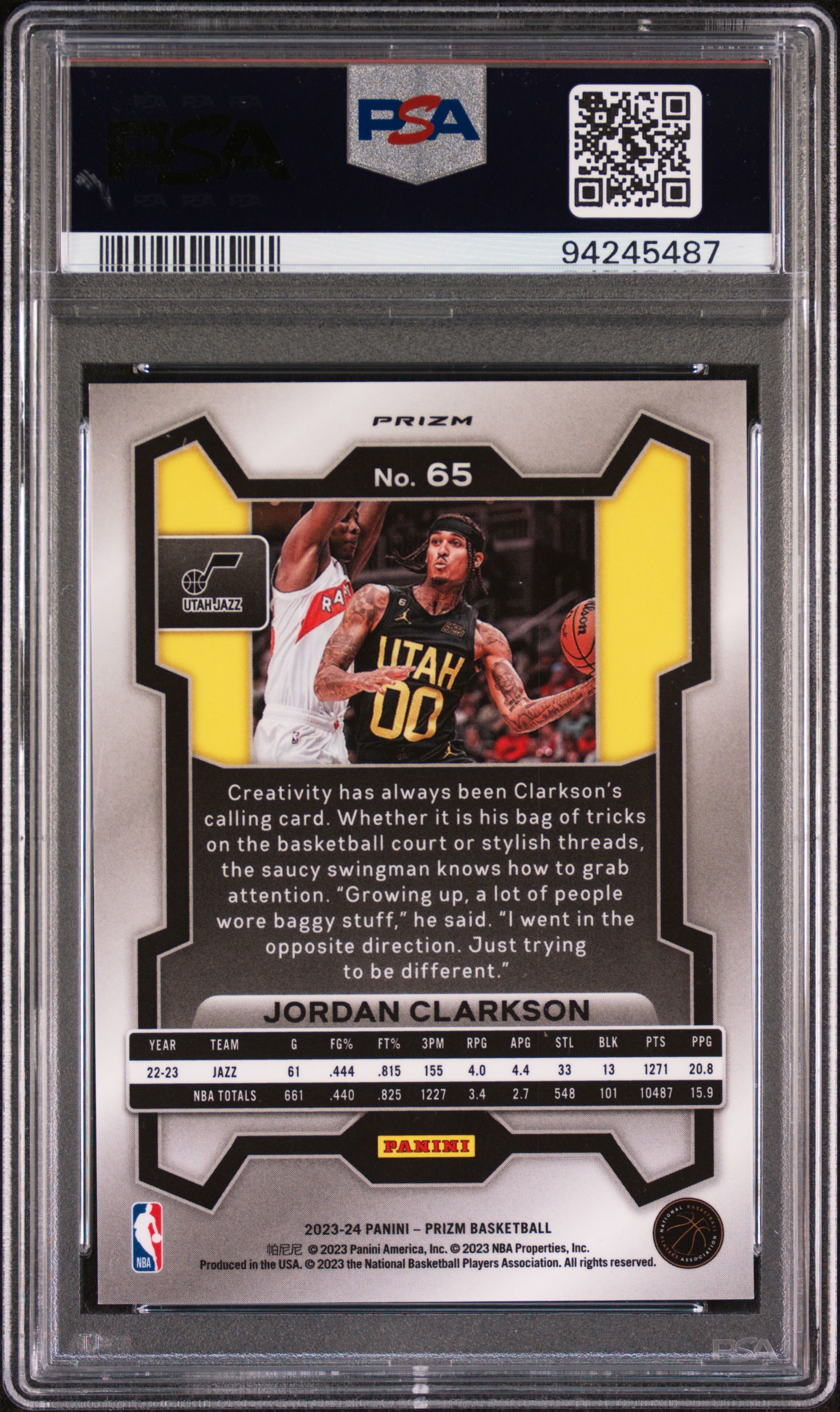 2023 Panini Prizm Jordan Clarkson #65 (Snakeskin Prizm) Gem Mt 10 back
