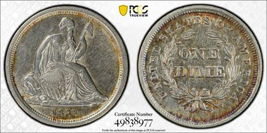1837 10C Seated, Small Date AU53