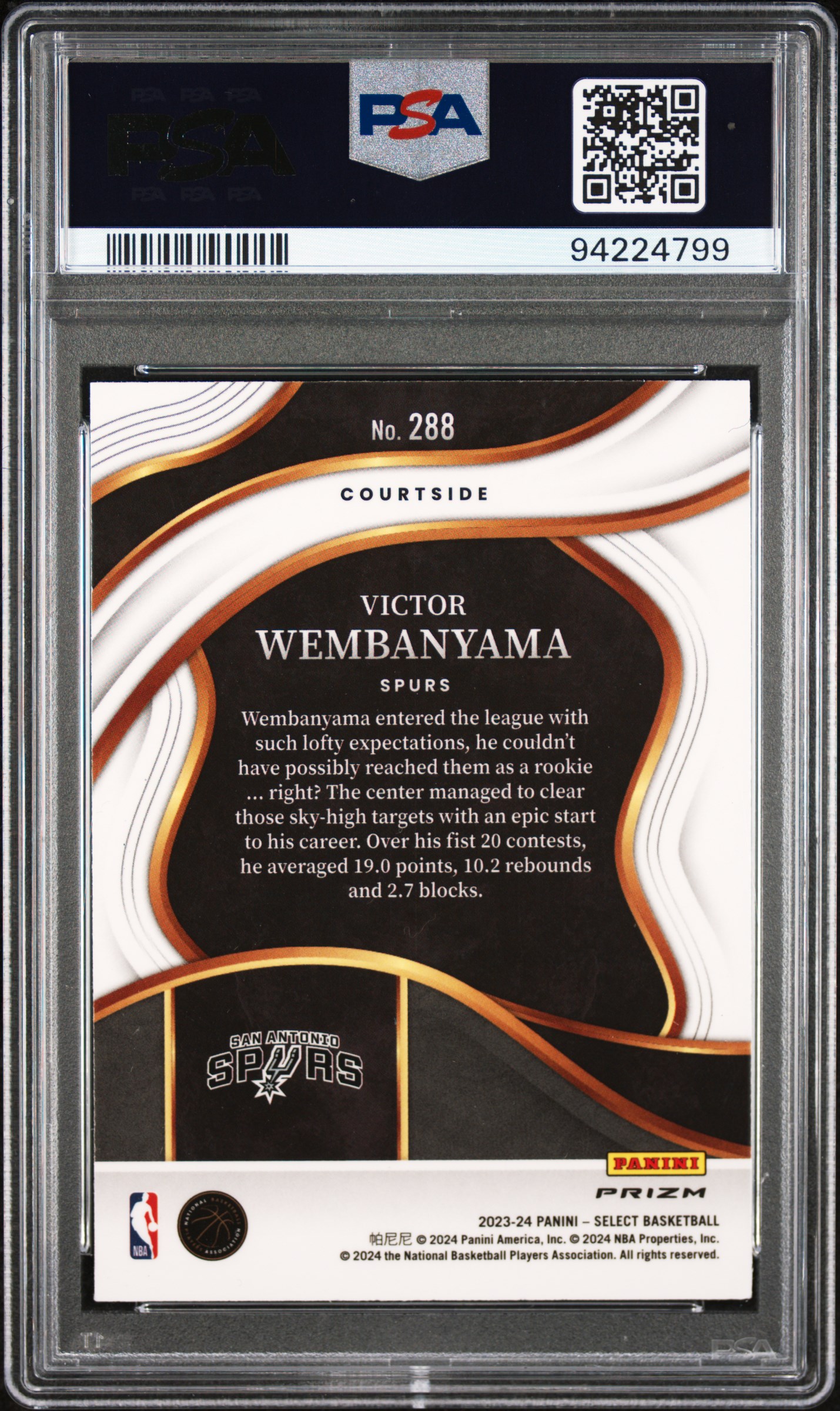 2023 Panini Select Victor Wembanyama #288 (Blue Cracked Ice) Gem Mt 10 back