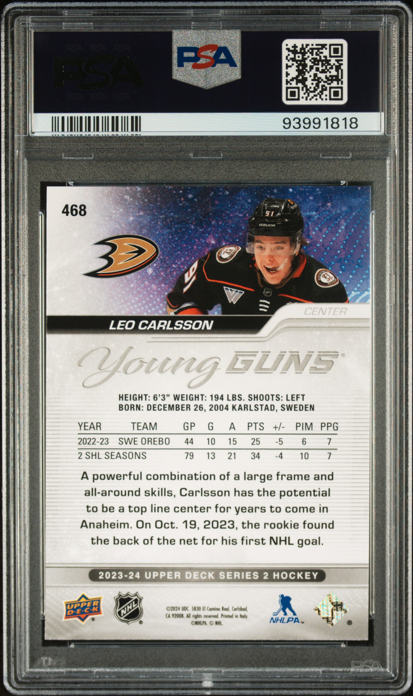 2023 Upper Deck Leo Carlsson #468 Mint 9 back