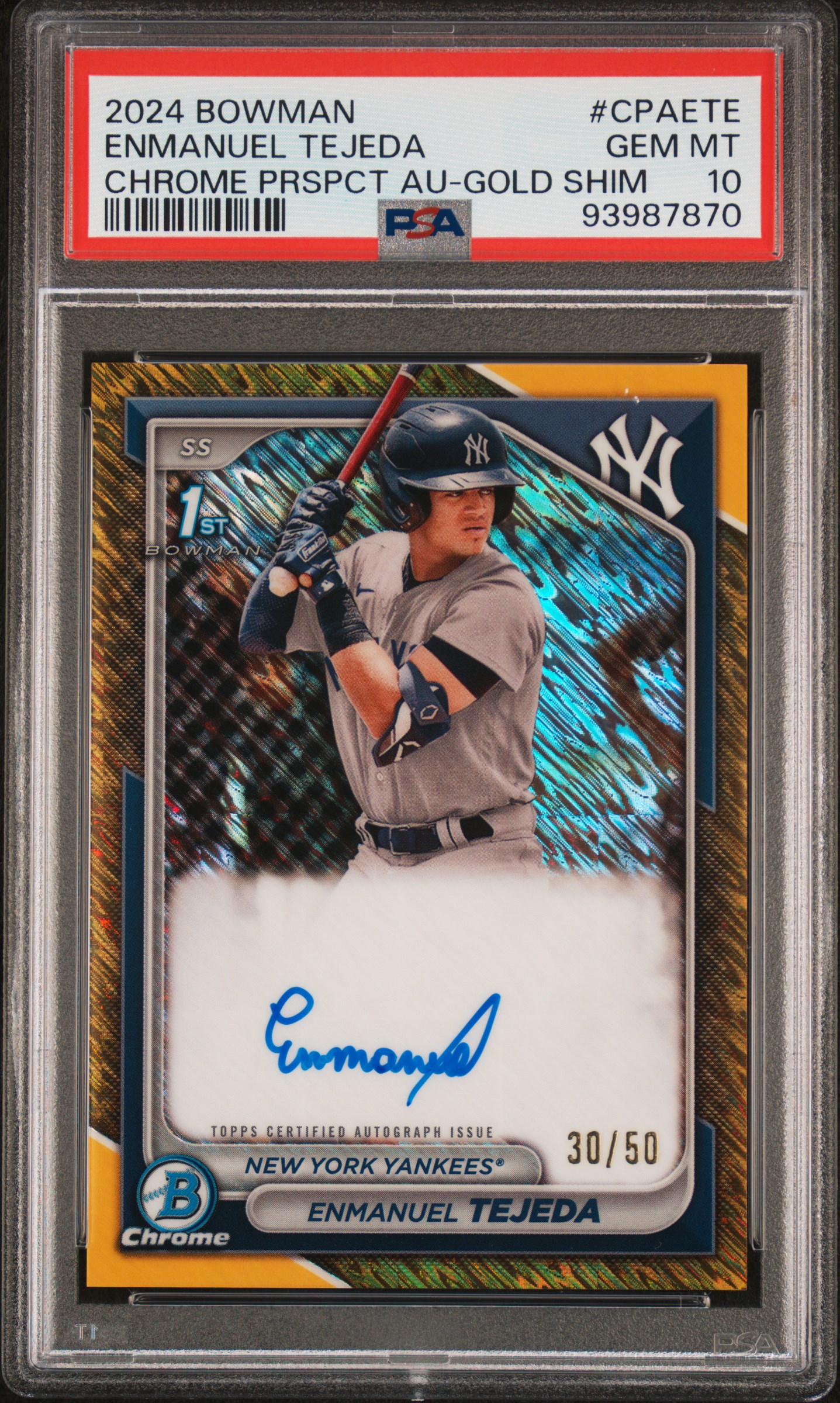 2024 Bowman Chrome Prospect Autographs Enmanuel Tejeda #Cpaete (Chr Prospect Au-Gold Shim) Gem Mt 10 front
