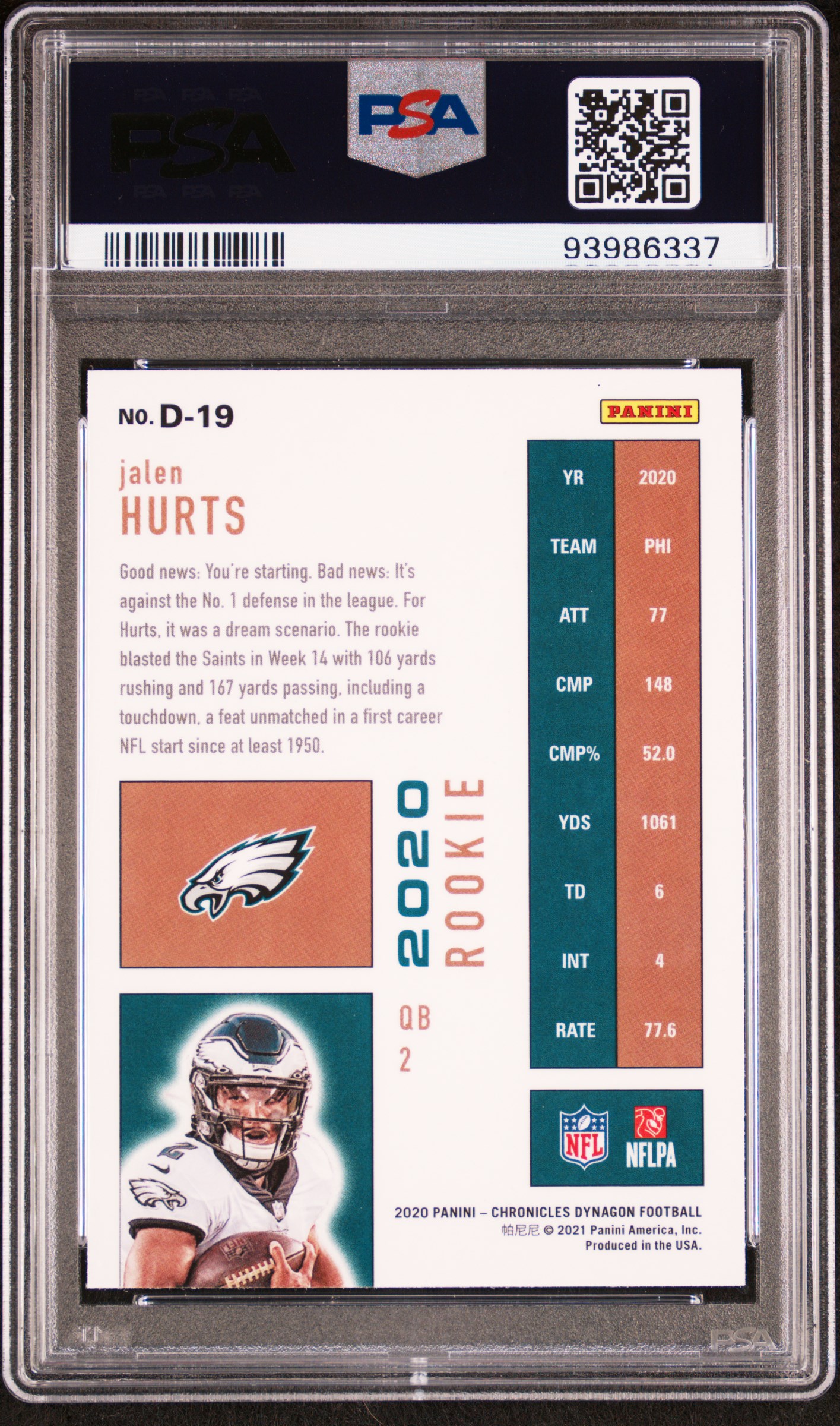 2020 Panini Chronicles Dynagon Rookies Jalen Hurts #D19 (Dynagon Rookies) Gem Mt 10 back