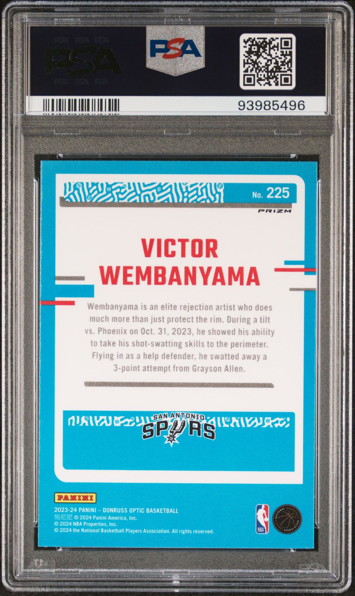 2023 Panini Donruss Optic Victor Wembanyama #225 (Holo) Mint 9 back