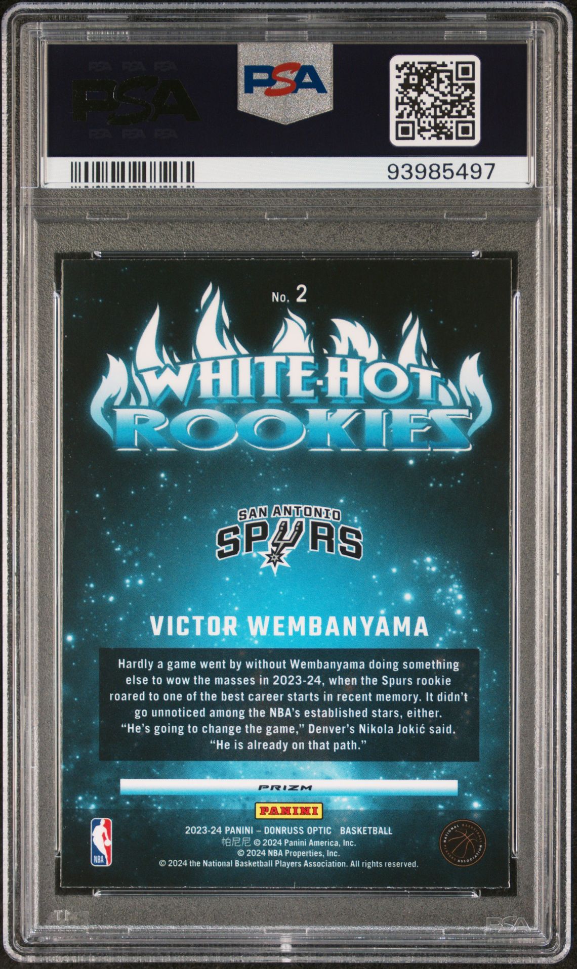 2023 Panini Donruss Optic White Hot Rookies Victor Wembanyama #2 (White Hot Rookies-Holo) Gem Mt 10 back