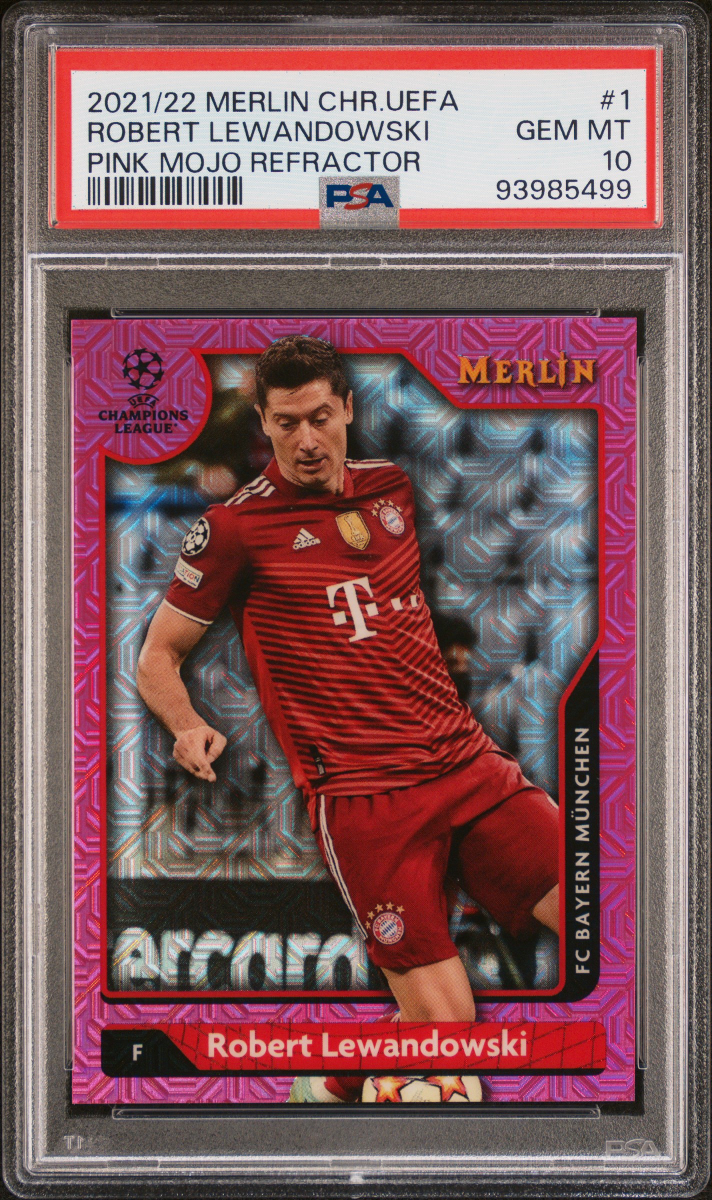 2021-2022 Topps Merlin Chrome Uefa League Robert Lewandowski #1 (Pink Mojo Refractor) Gem Mt 10 front