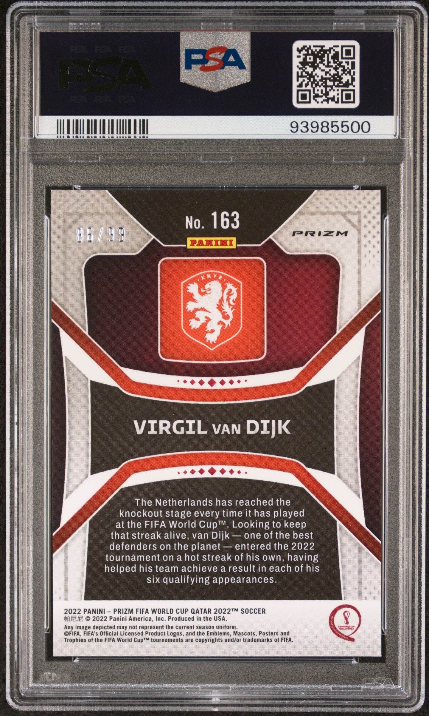 2022 Panini Prizm World Cup Qatar Virgil Van Dijk #163 (Purple Wave) Mint 9 back