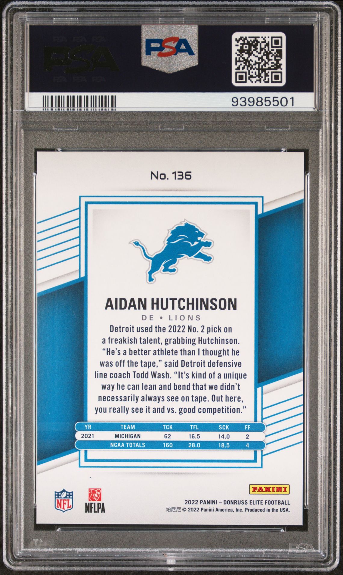 2022 Panini Donruss Elite Aidan Hutchinson #136 (Status Explosion) Gem Mt 10 back