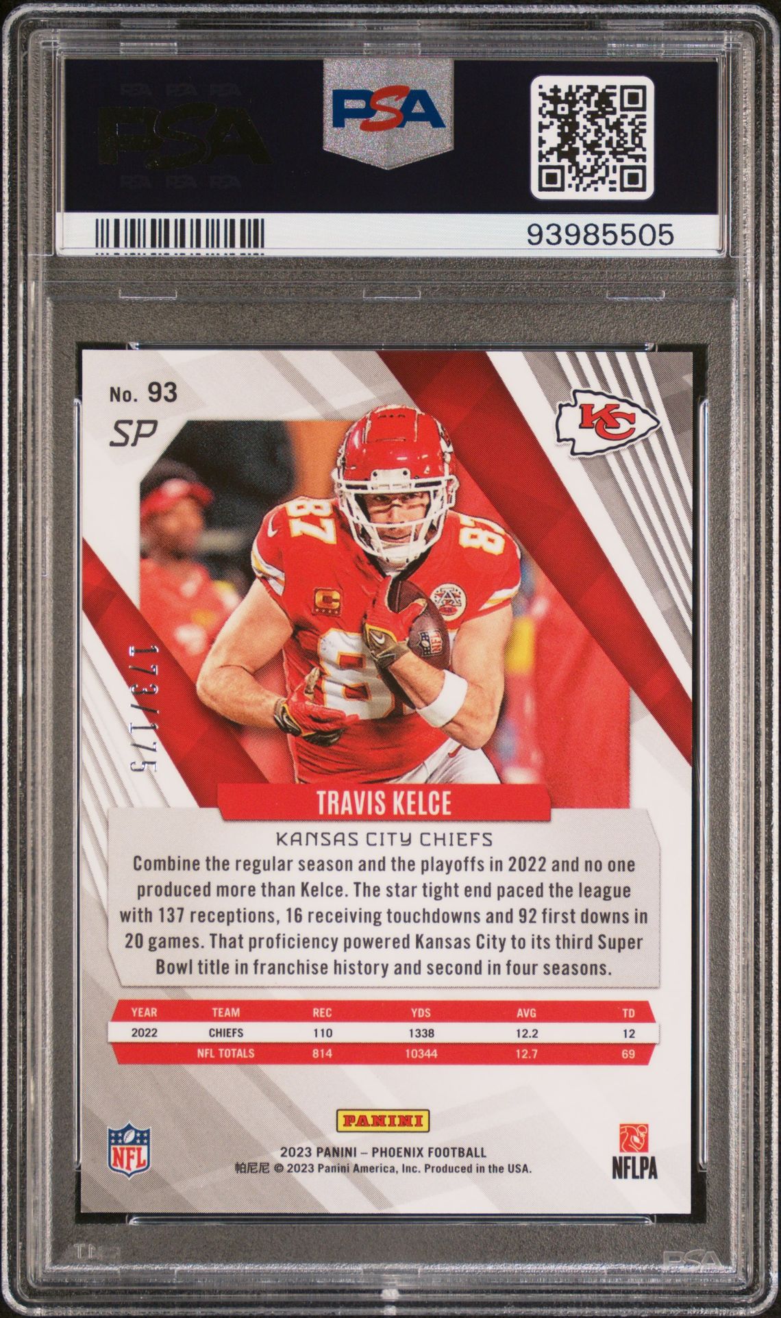 2023 Panini Phoenix Travis Kelce #93 (Sp-Pink) Gem Mt 10 back