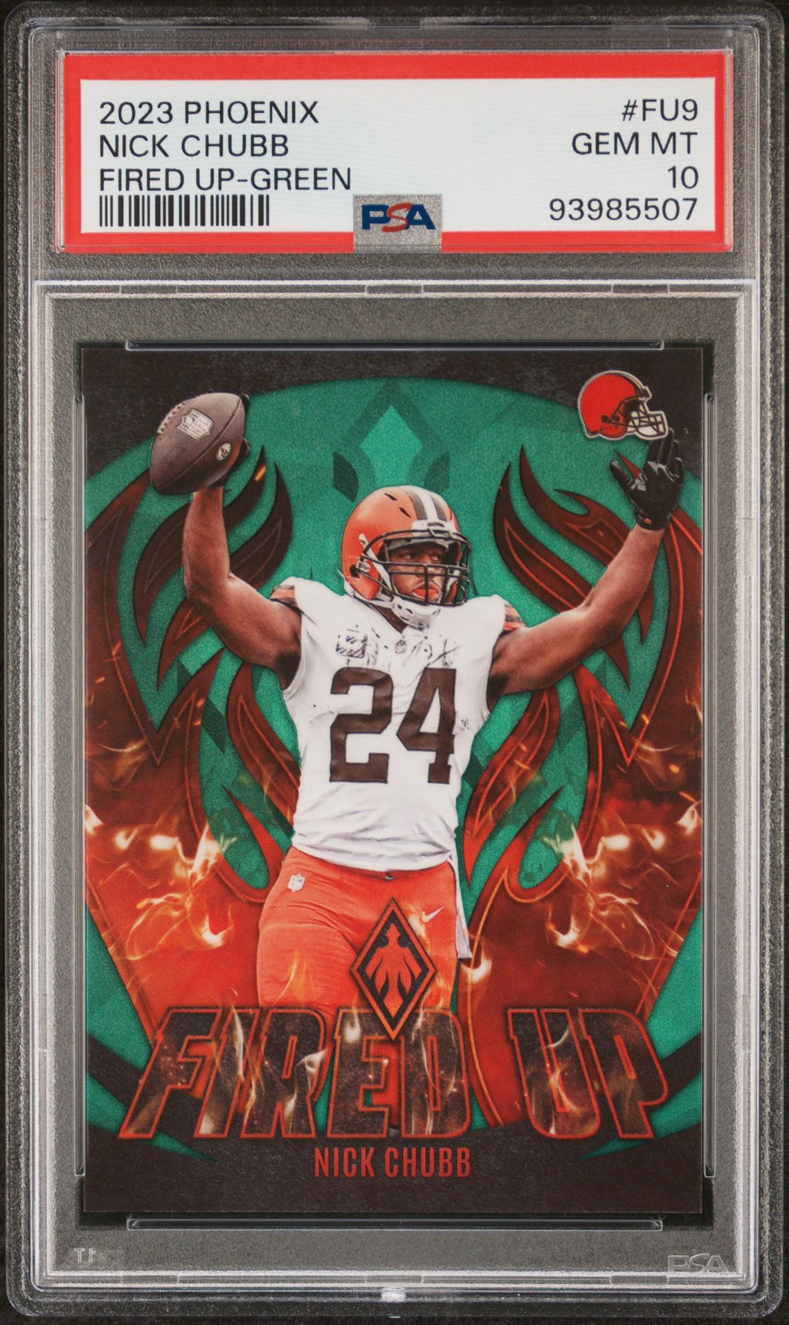2023 Panini Phoenix Fired Up Nick Chubb #Fu9 (Fired Up-Green) Gem Mt 10 front
