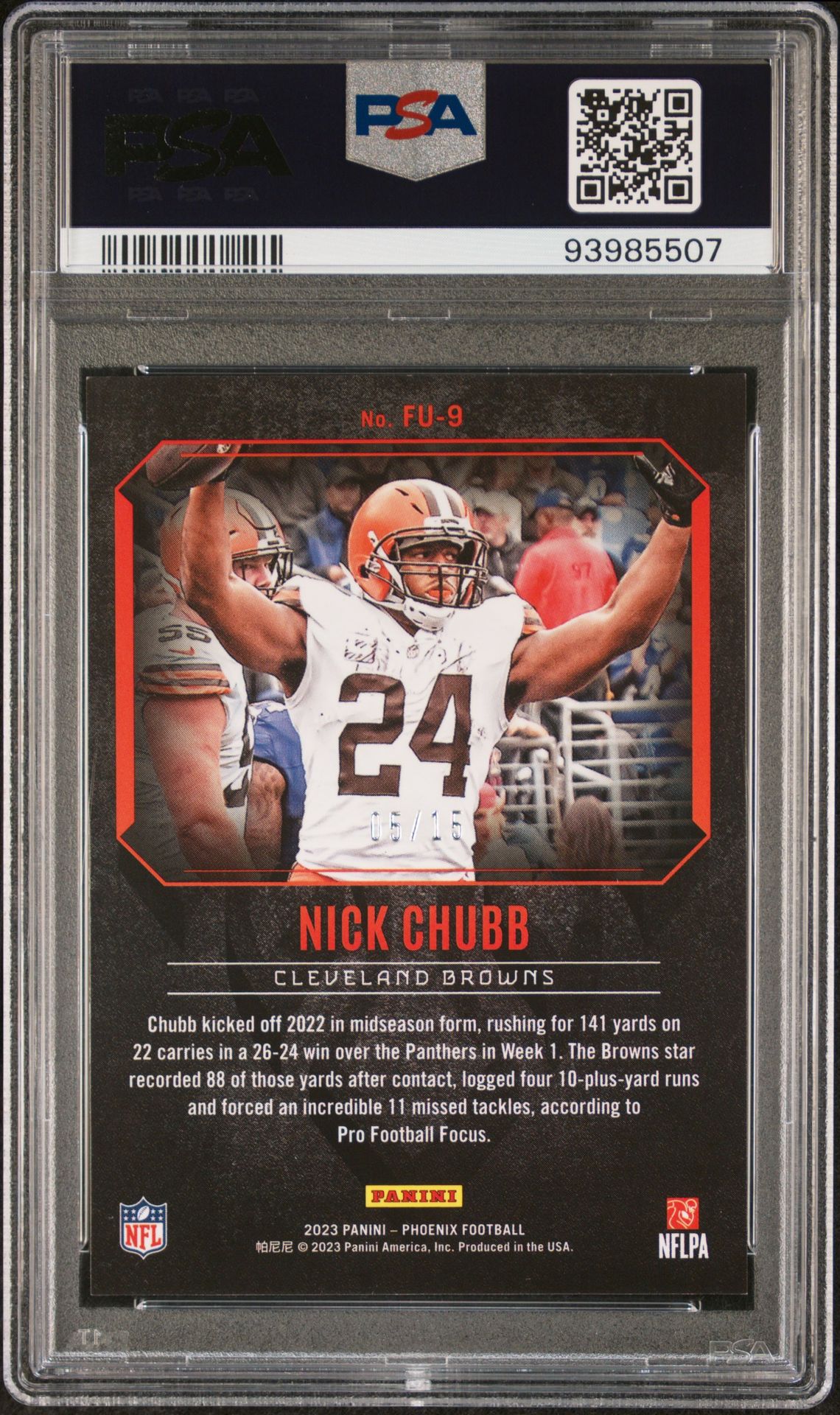 2023 Panini Phoenix Fired Up Nick Chubb #Fu9 (Fired Up-Green) Gem Mt 10 back