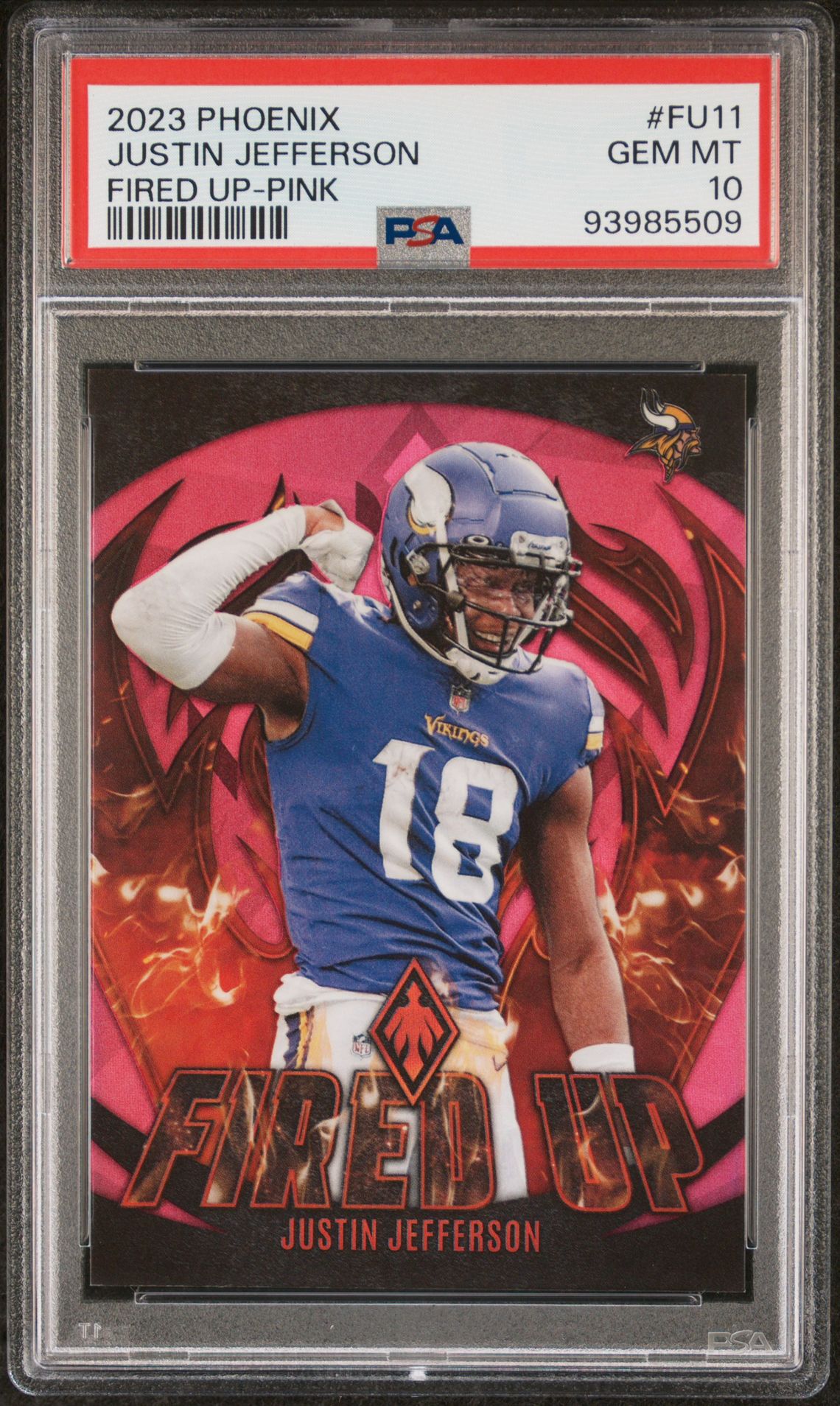 2023 Panini Phoenix Fired Up Justin Jefferson #Fu11 (Fired Up-Pink) Gem Mt 10 front