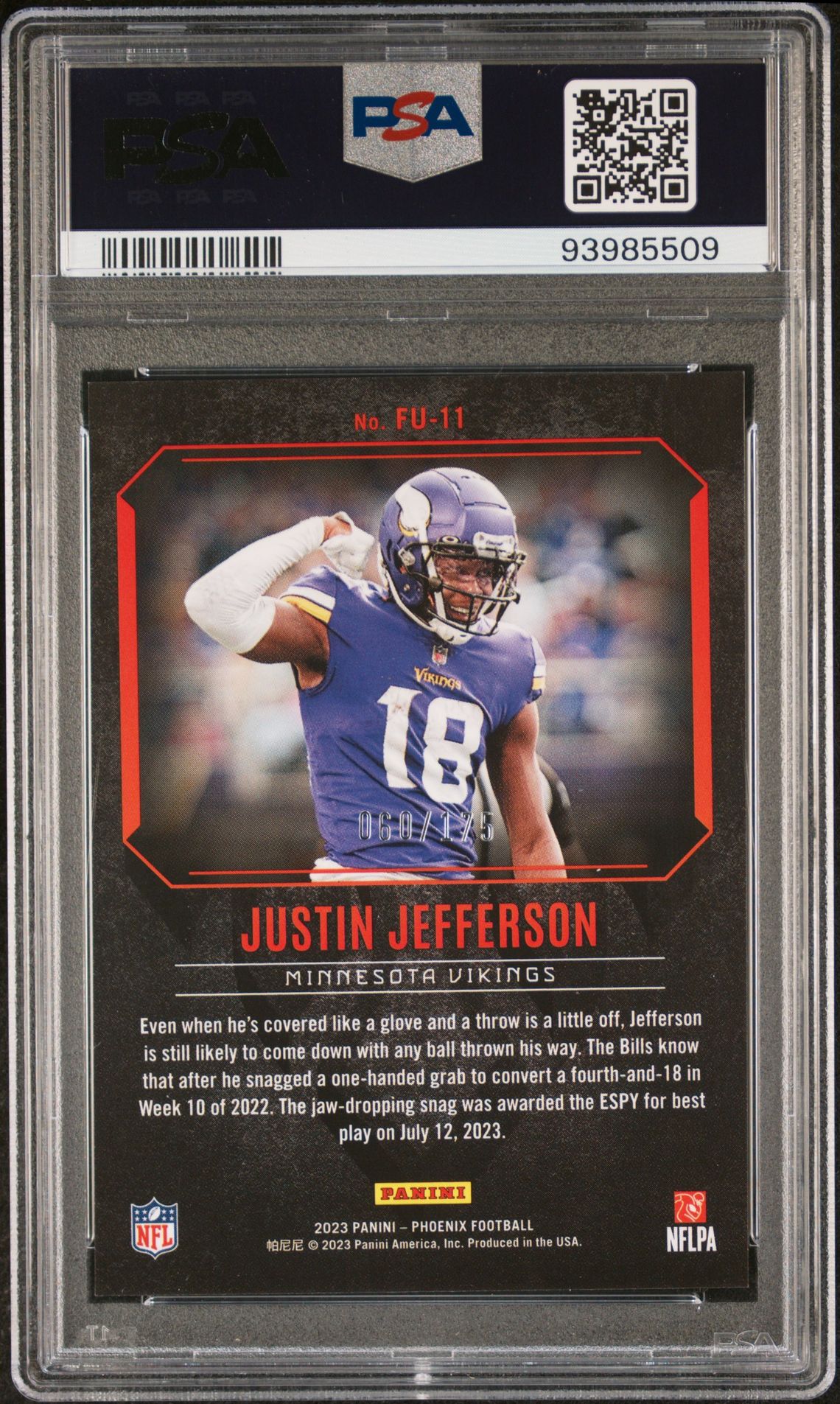 2023 Panini Phoenix Fired Up Justin Jefferson #Fu11 (Fired Up-Pink) Gem Mt 10 back