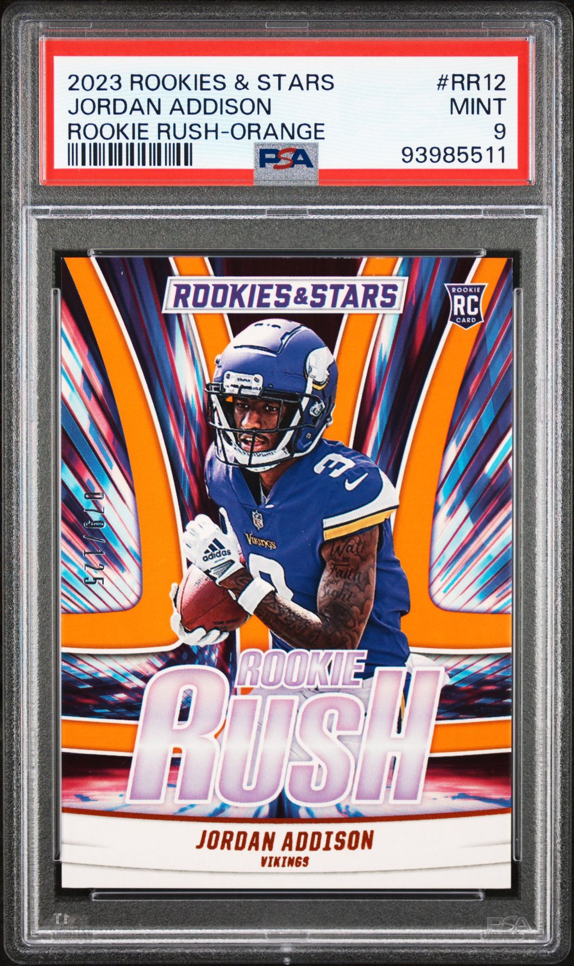 2023 Panini Rookies & Stars Rookie Rush Jordan Addison #Rr12 (Rookie Rush-Orange) Mint 9 front