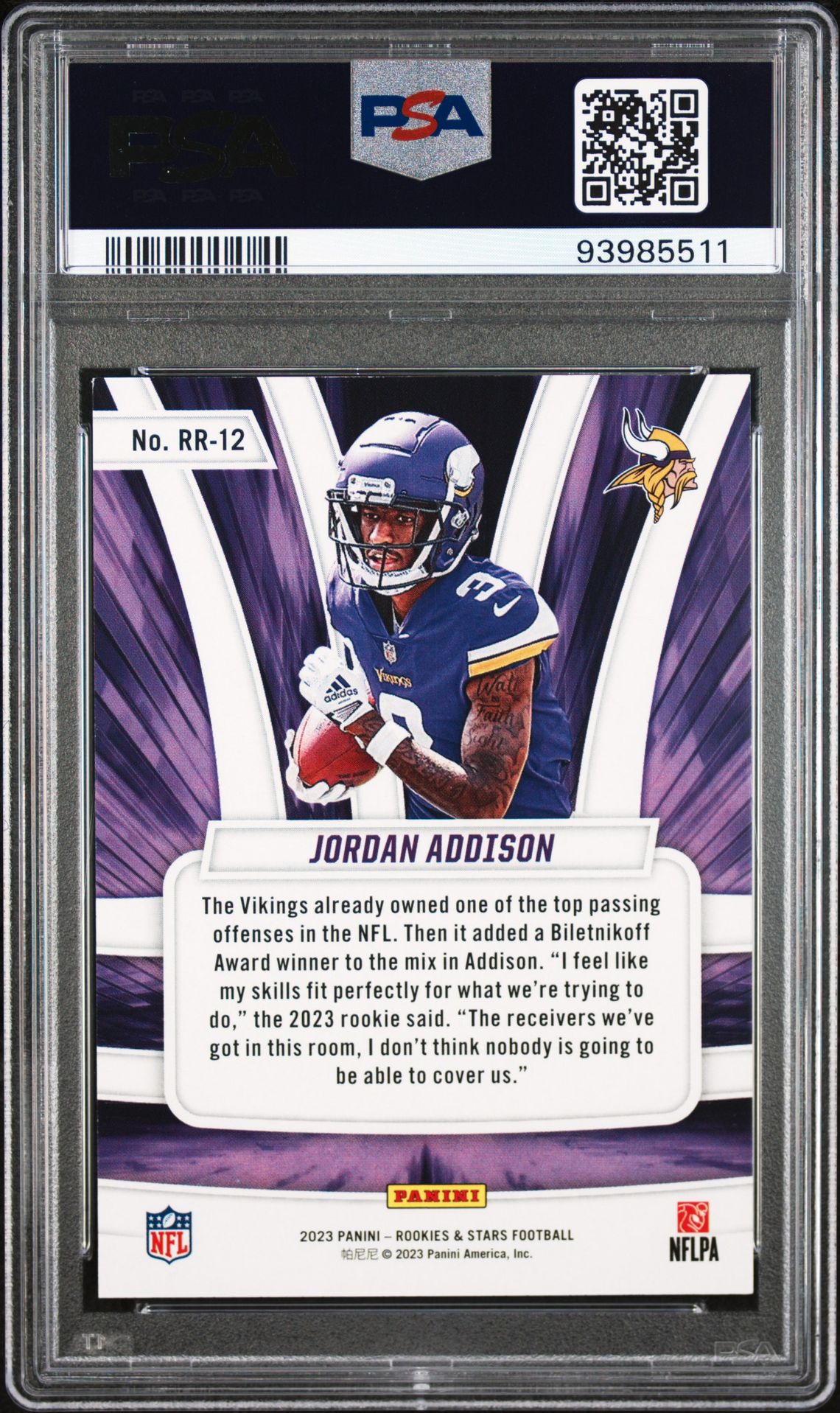 2023 Panini Rookies & Stars Rookie Rush Jordan Addison #Rr12 (Rookie Rush-Orange) Mint 9 back