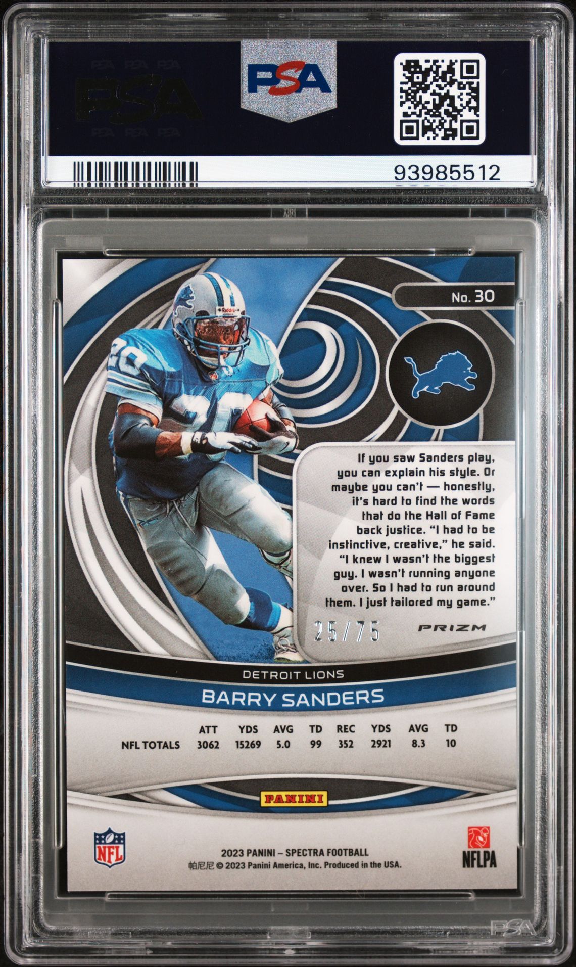 2023 Panini Spectra Barry Sanders #30 (Hyper) Gem Mt 10 back
