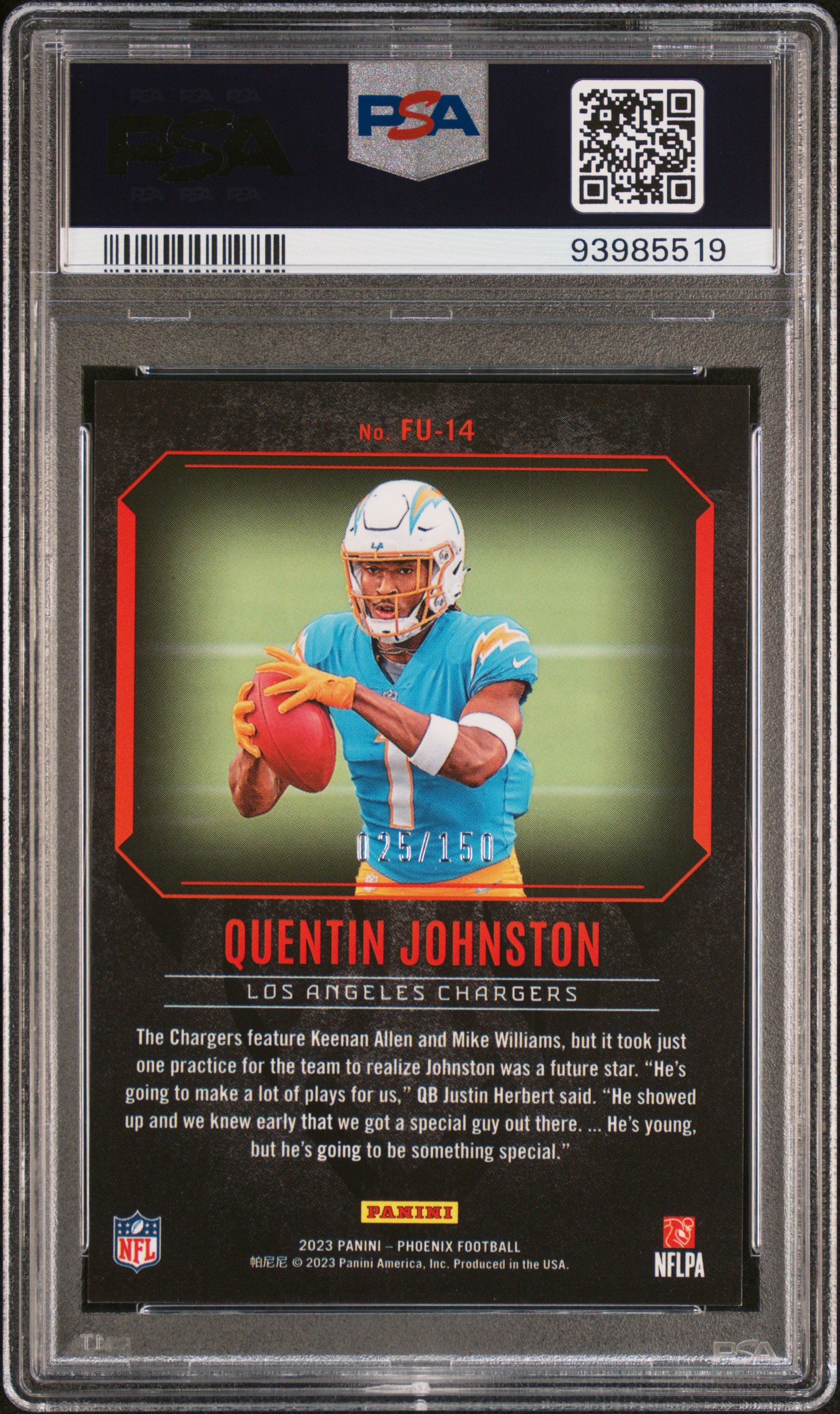2023 Panini Phoenix Fired Up Quentin Johnston #Fu14 (Fired Up-Lava) Mint 9 back