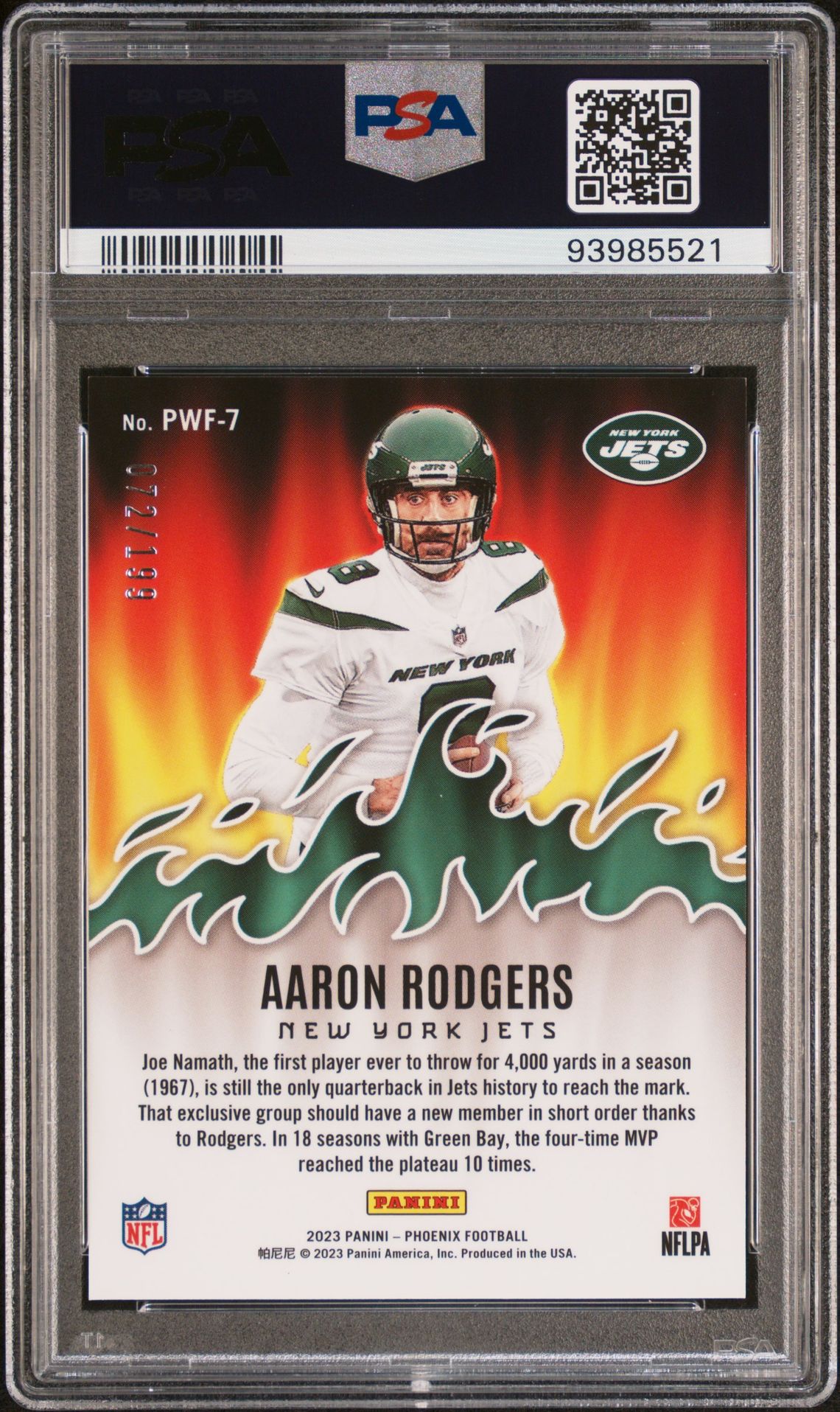 2023 Panini Phoenix Playing With Fire Aaron Rodgers #Pwf7 (Playing With Fire-Red) Gem Mt 10 back