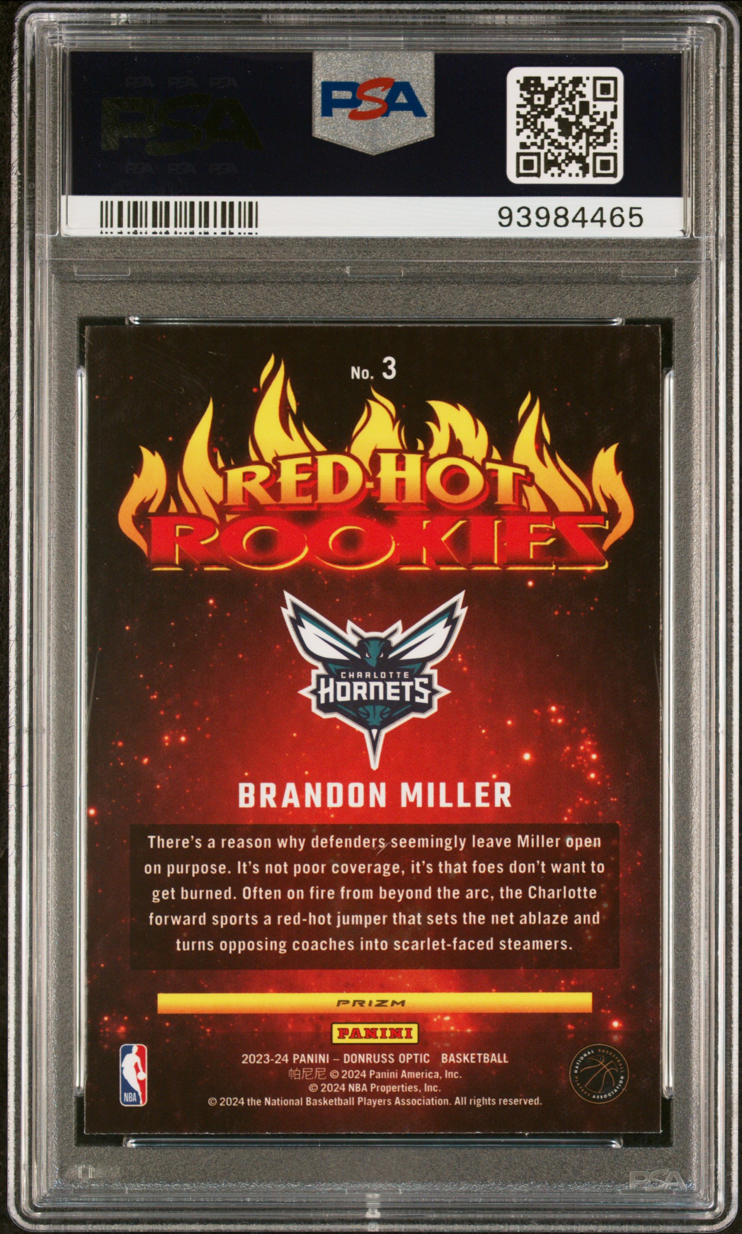 2023 Panini Donruss Optic Red Hot Rookies Brandon Miller #3 (Red Hot Rookies-Holo) Gem Mt 10 back