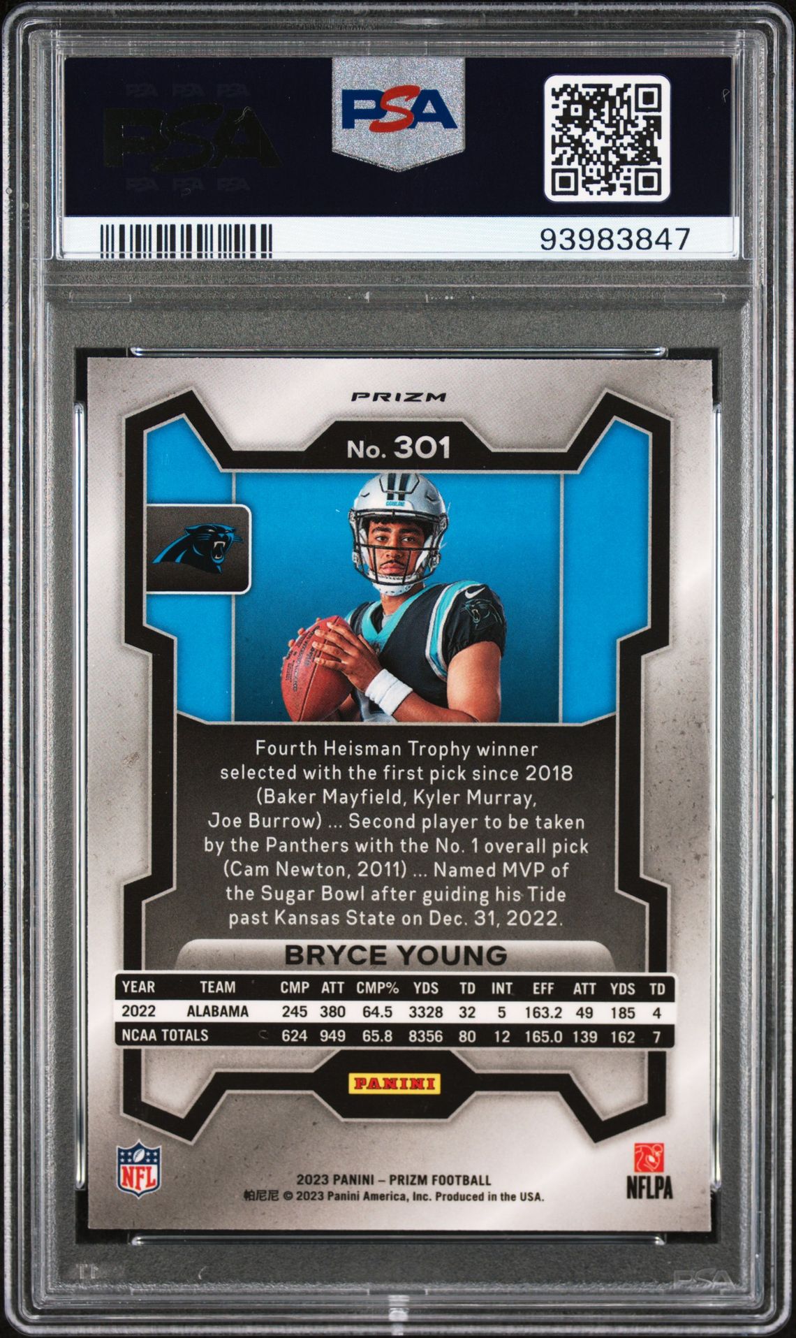 2023 Panini Prizm Bryce Young #301 (Variation) Mint 9 back