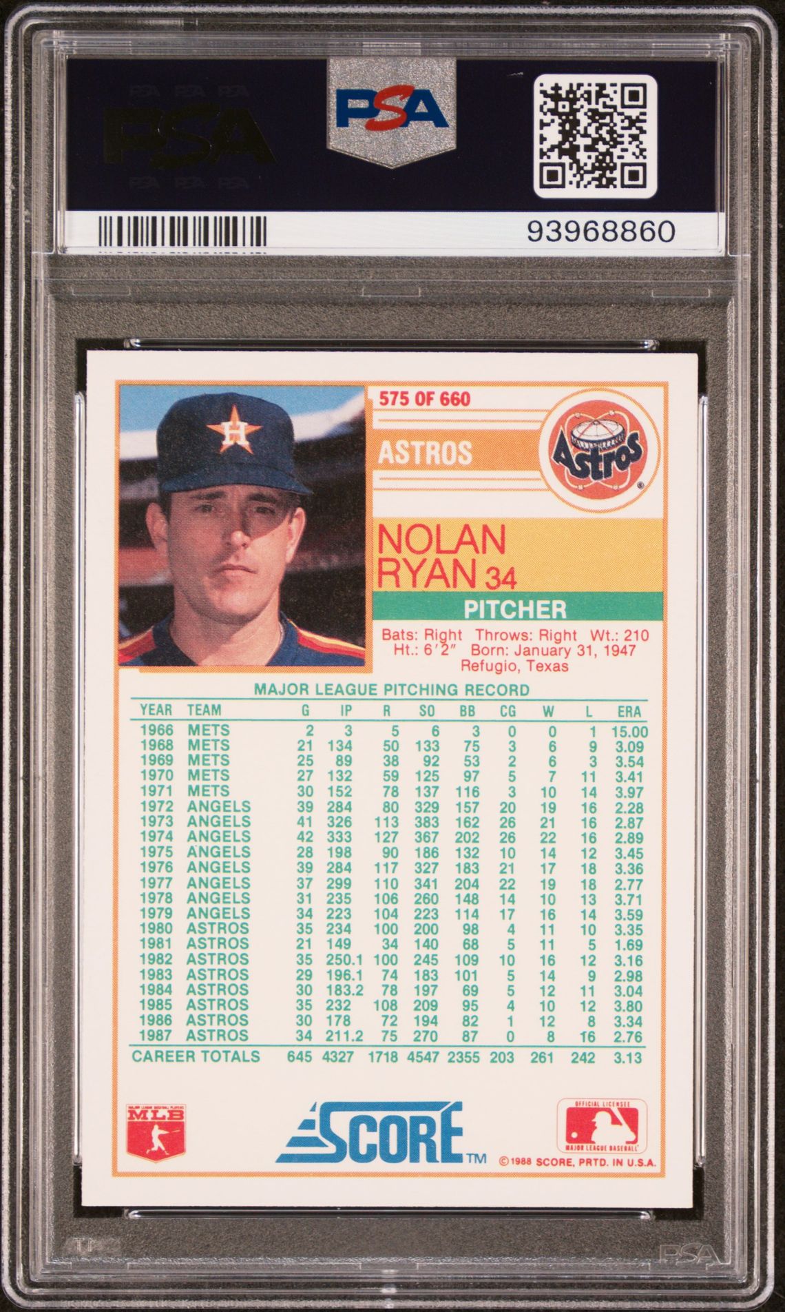 1988 Score Nolan Ryan #575 Mint 9 back