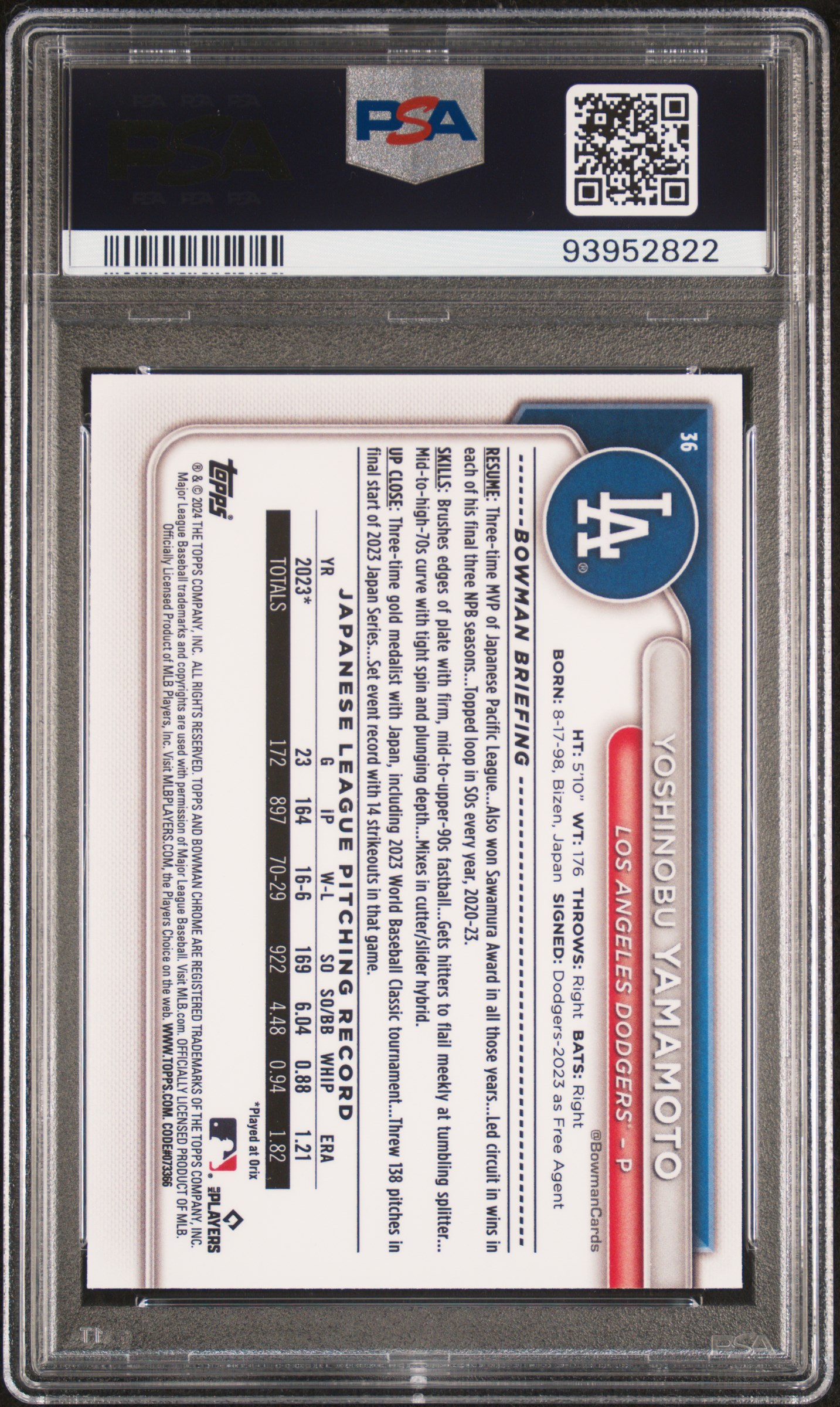 2024 Bowman Mega Box Chrome Yoshinobu Yamamoto #36 Gem Mt 10 back