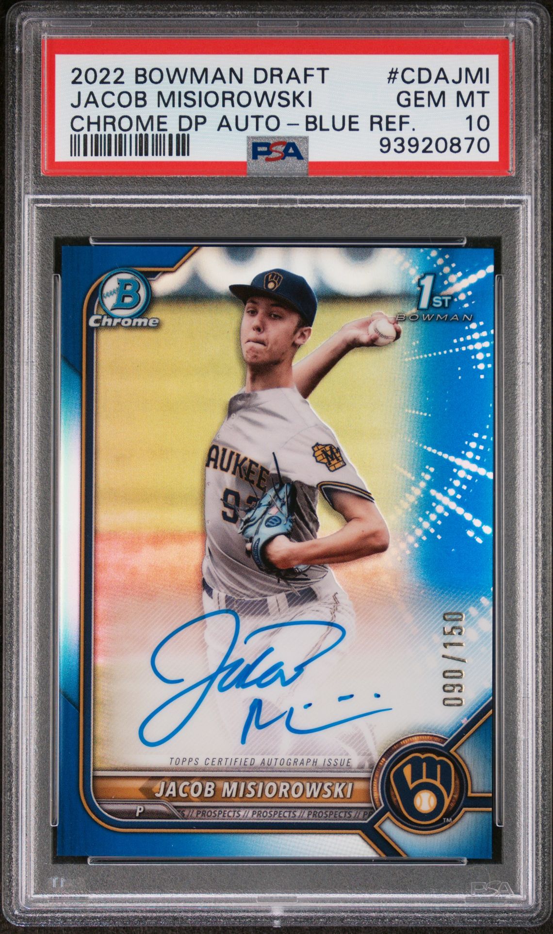 2022 Bowman BOWMAN DRAFT CHROME DRAFT PICK AUTOGRAPHS CHROME DP AUTO-BLUE REF. #CDAJMI Jacob Misiorowski front