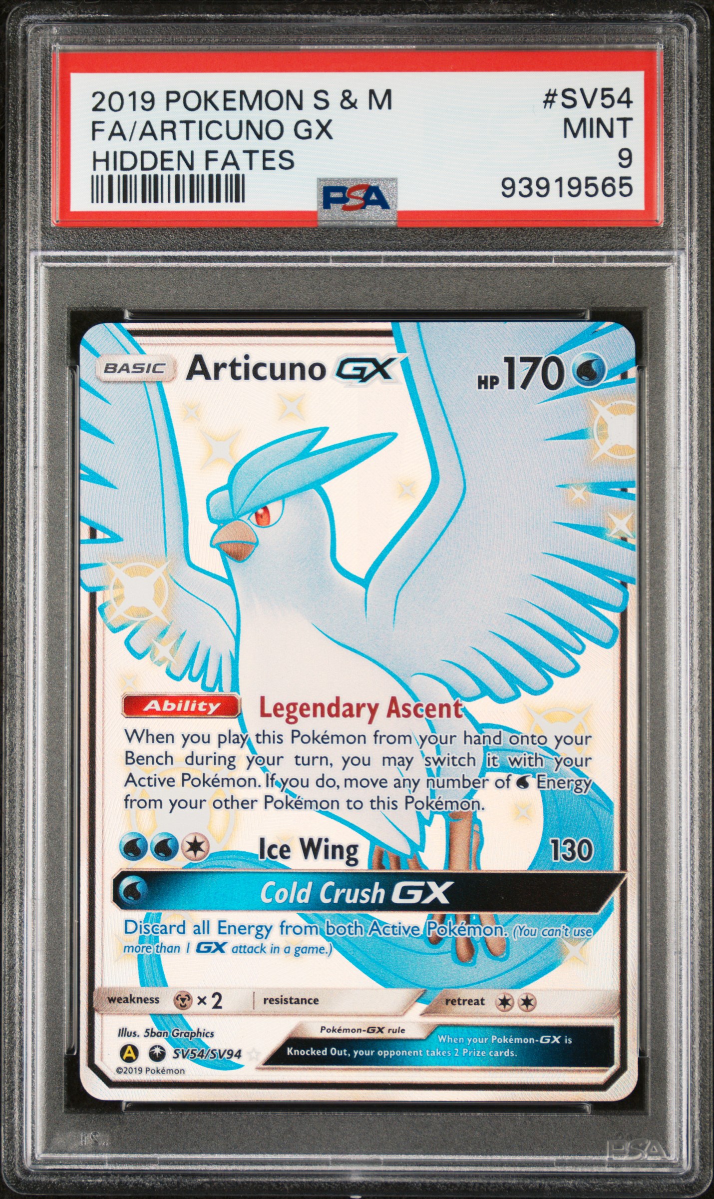 2019 #SV54 Full Art/Articuno GX PSA 9 Sun & Moon Hidden Fates Pokemon