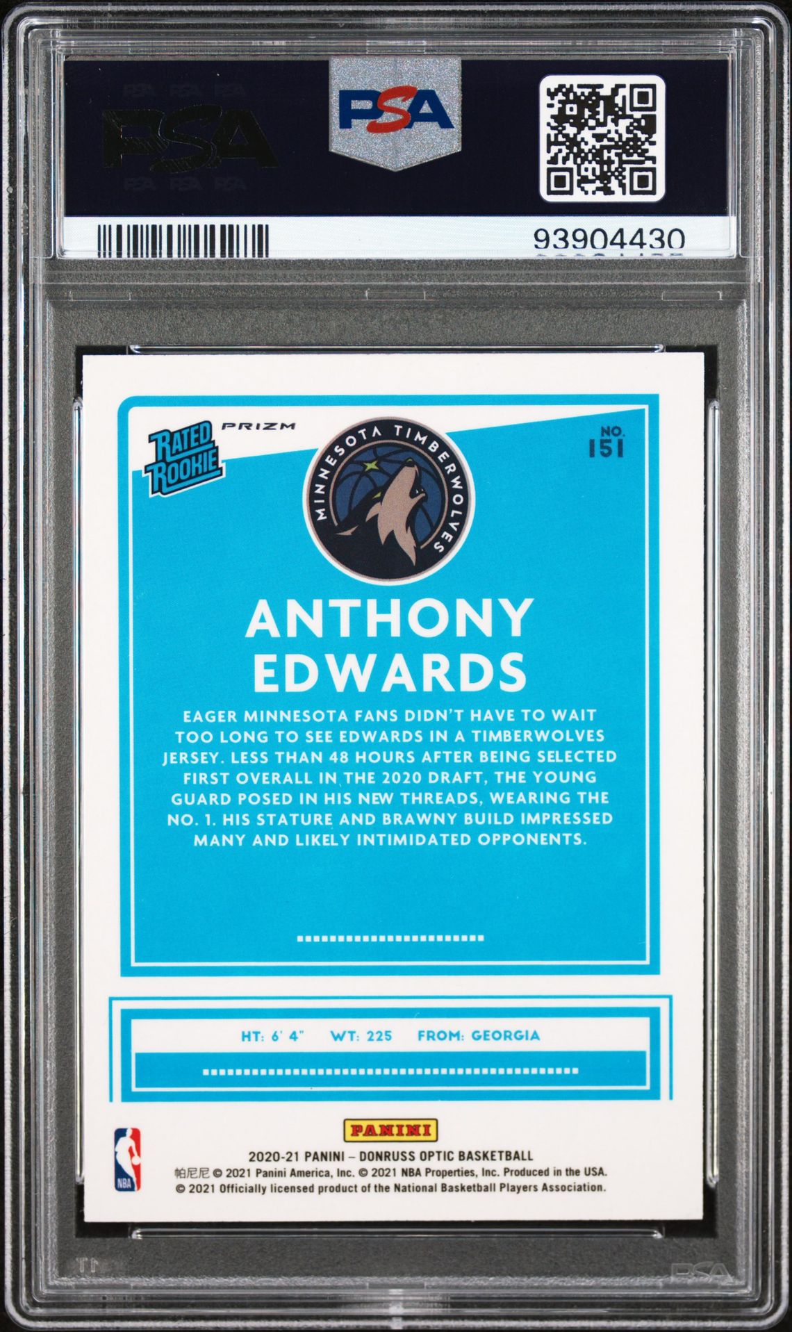 2020 Panini Donruss Optic Anthony Edwards #151 (Holo) Mint 9 back