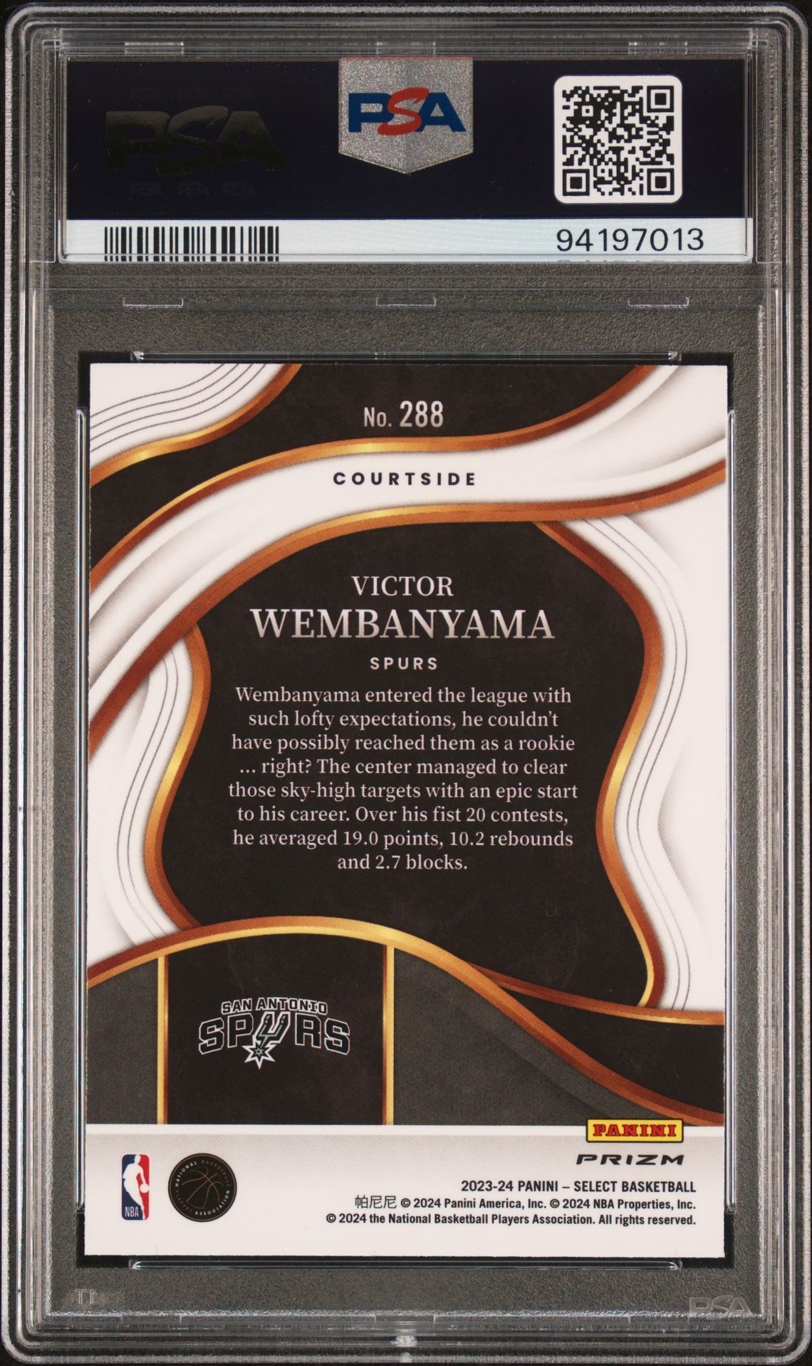 2023 Panini Select Victor Wembanyama #288 (Silver Prizm) Gem Mt 10 back