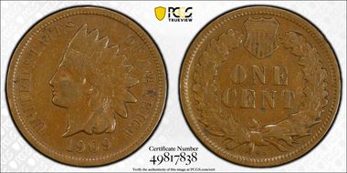 1909-S 1C Indian VF30BN
