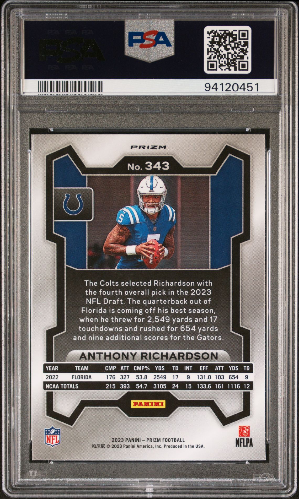 2023 Panini Prizm Anthony Richardson #343 (Pink Prizm) Gem Mt 10 back