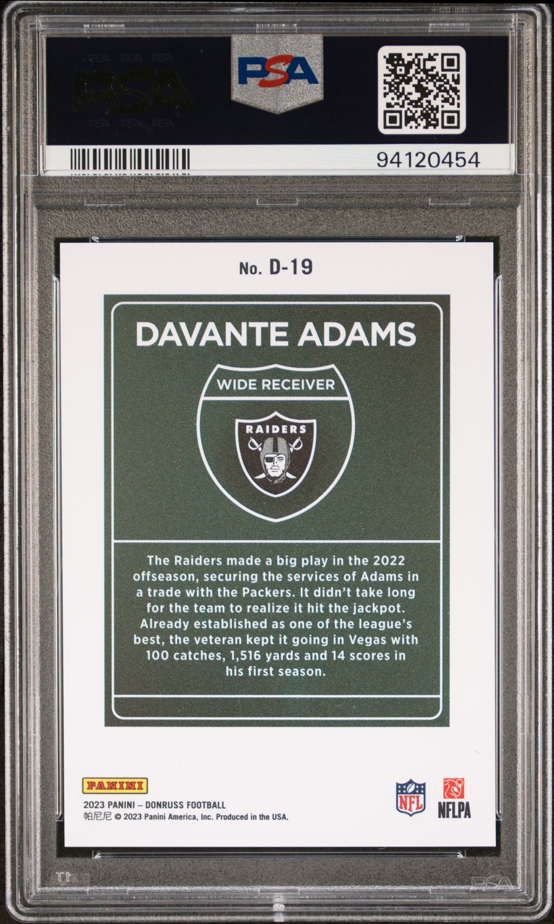 2023 Panini Donruss Downtown! Davante Adams #D19 Gem Mt 10 back