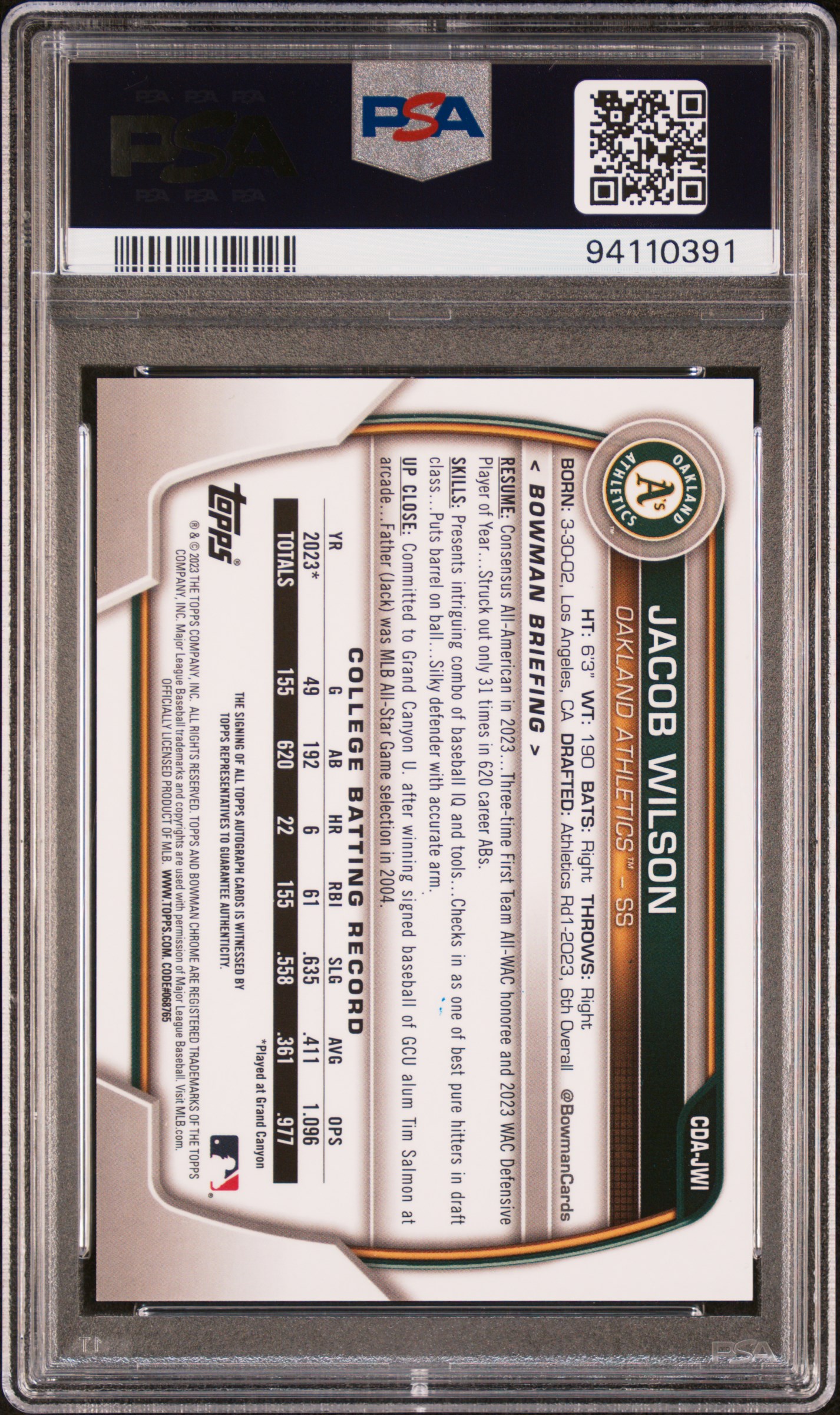 2023 Bowman Draft Chrome Prospect Autograph Jacob Wilson #Cdajwi Gem Mt 10 back