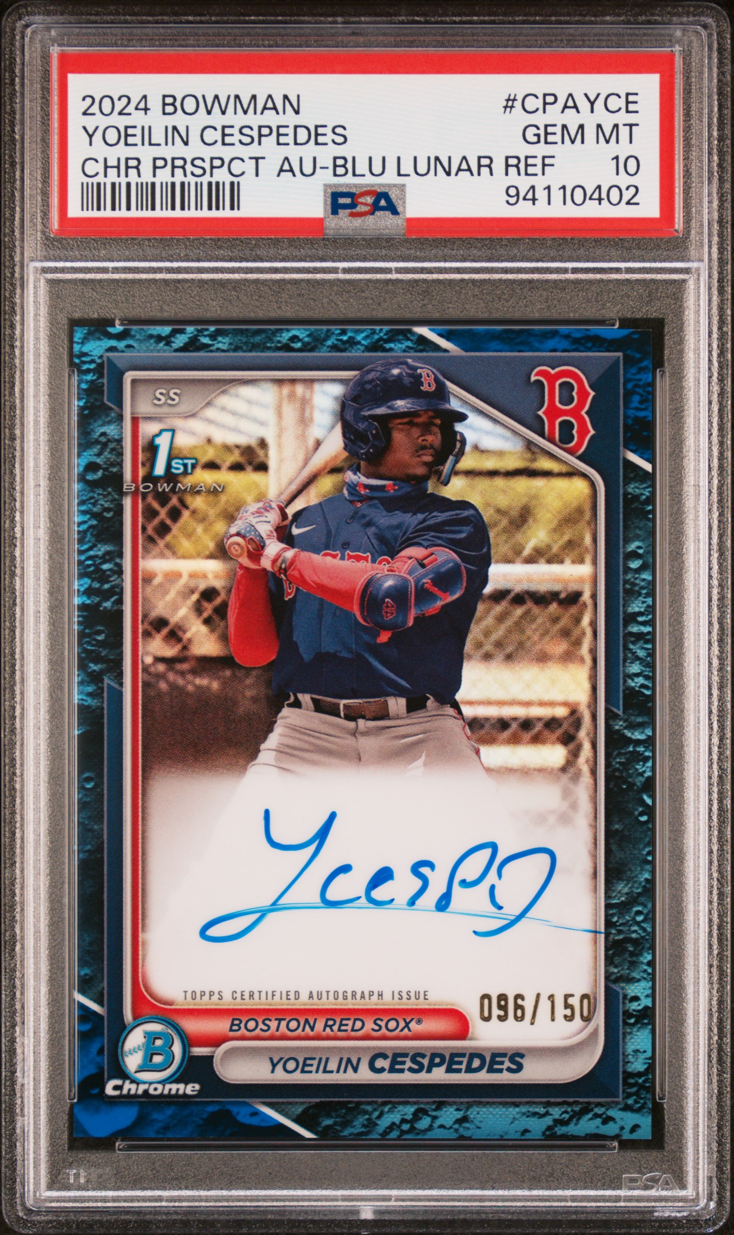 2024 Bowman Chrome Prospect Autographs Yoeilin Cespedes #Cpayce (Chr Prspct Au-Blu Lunar Ref) Gem Mt 10 front