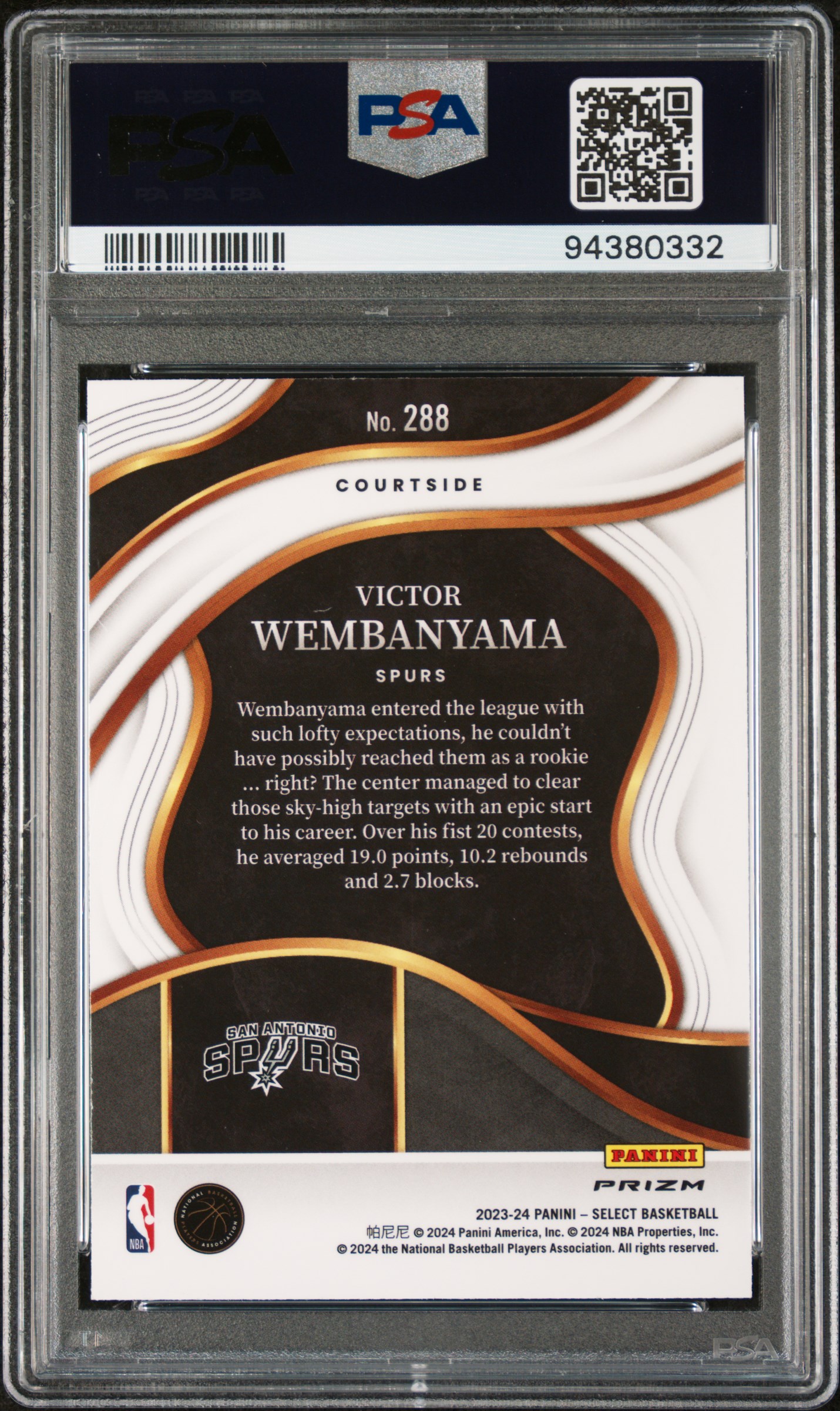 2023 Panini Select Victor Wembanyama #288 (Blue Cracked Ice) Gem Mt 10 back