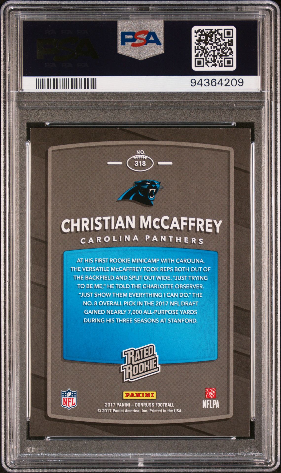 2017 Panini Donruss Christian Mccaffrey #318 Mint 9 back