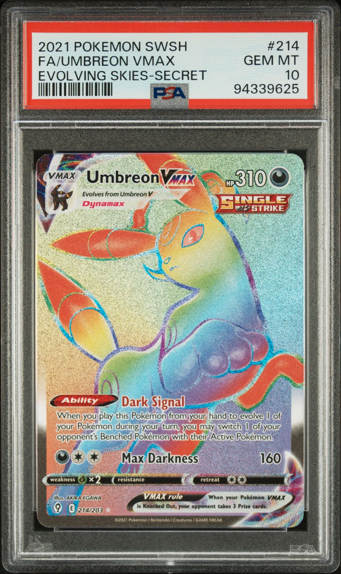 2021 Pokemon Sword & Shield Evolving Skies Fa/Umbreon Vmax #214 (Evolving Skies-Secret) Gem Mt 10 front