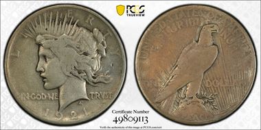 1921 $1 High Relief, Peace F12