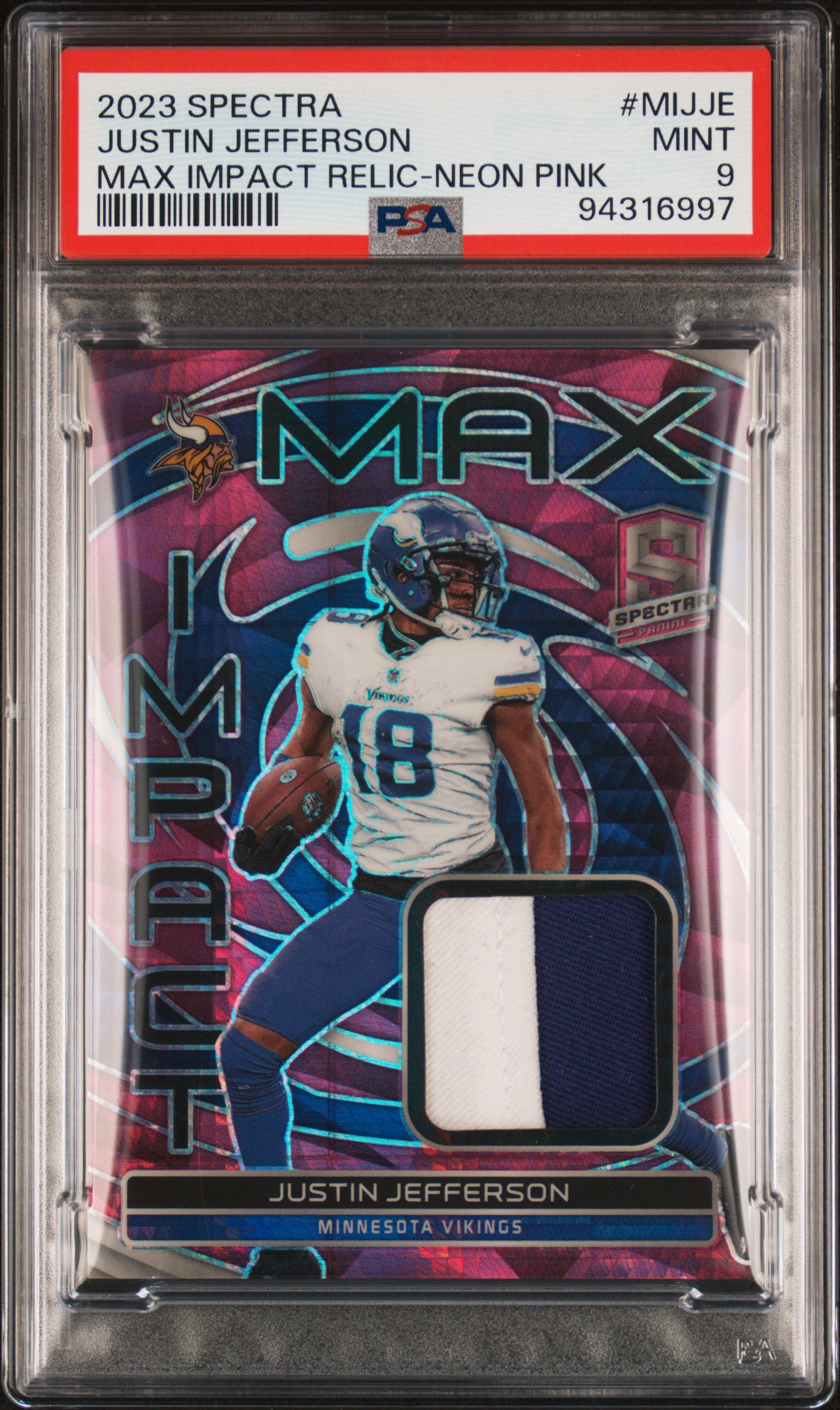 2023 Panini Spectra Max Impact Relics Justin Jefferson #Mijje (Max Impact Relic-Neon Pink) Mint 9 front