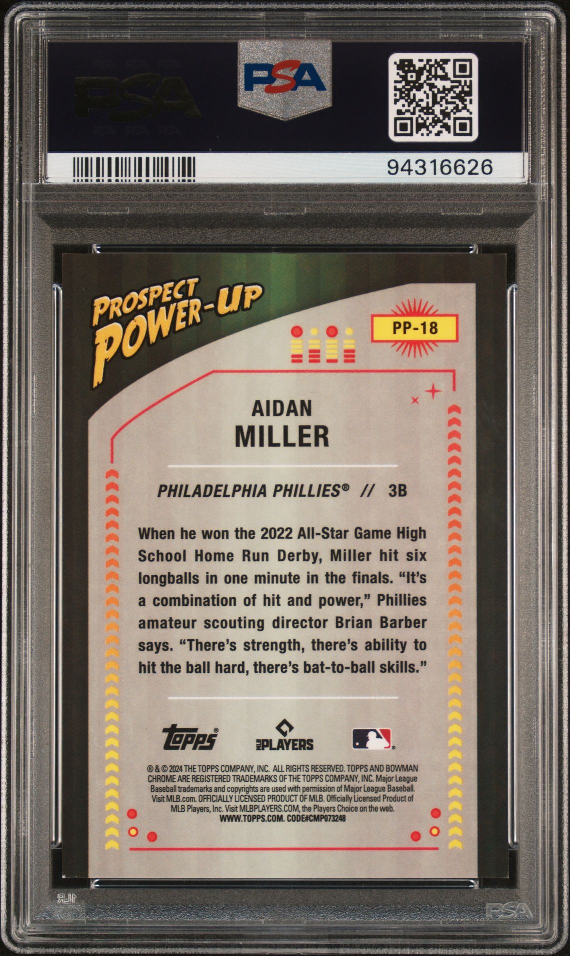2024 Bowman Prospect Power-Up Aidan Miller #Pp18 (Prospect Power-Up-Green) Mint 9 back