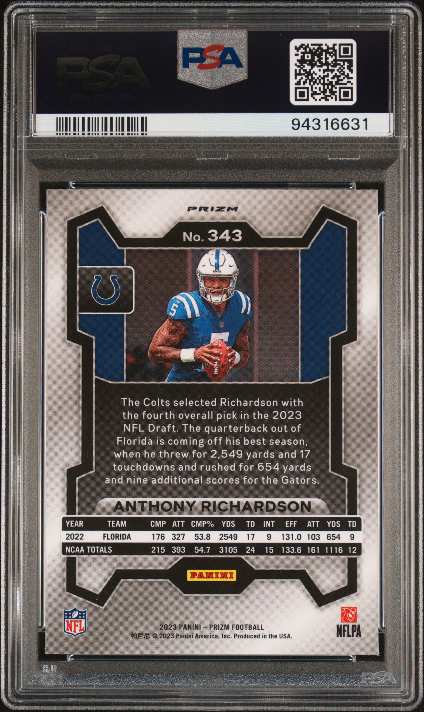 2023 Panini Prizm Anthony Richardson #343 (Neon Green Pulsar) Mint 9 back