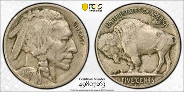 1917-D 5C 2 Feathers FS-401 VF35